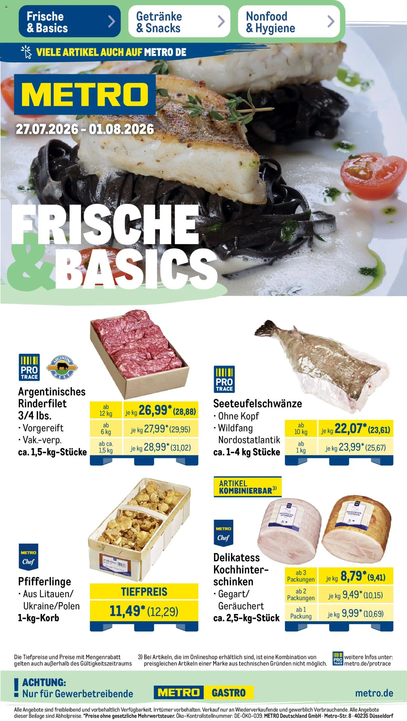 Metro Prospekt – gültig ab 27.07.2026 | Seite: 1 | Produkte: Rinderfilet, Pfifferlinge, Schinken