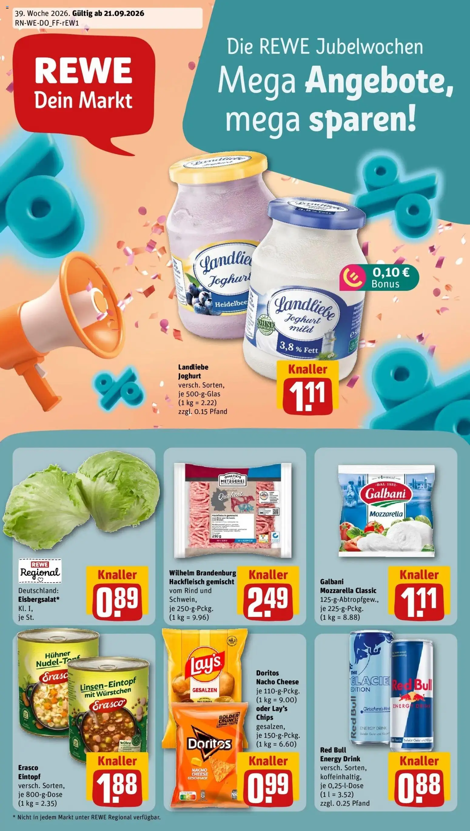 REWE Prospekt ab 21.09.2026 zum Blättern » Angebote | Seite: 1 | Produkte: Energy, Landliebe joghurt, Erasco, Chips