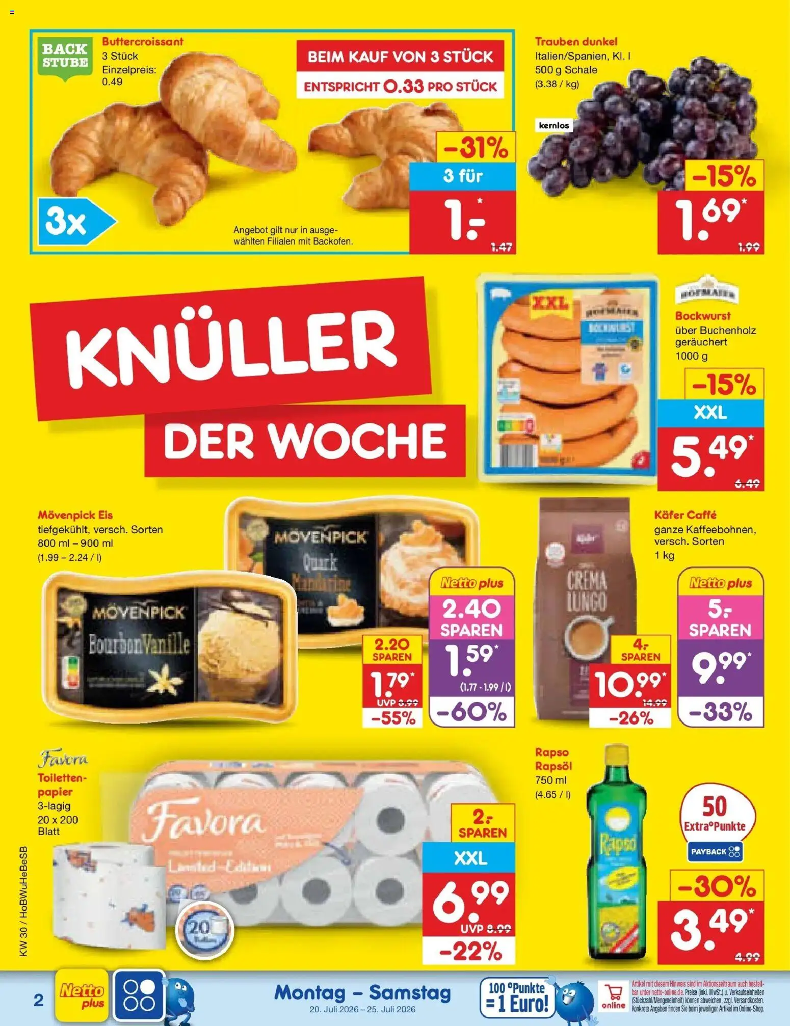 Netto Marken-Discount Prospekt Hamburg – gültig ab 20.07.2026 | Seite: 2 | Produkte: Quark, Trauben, Bourbon, Eis