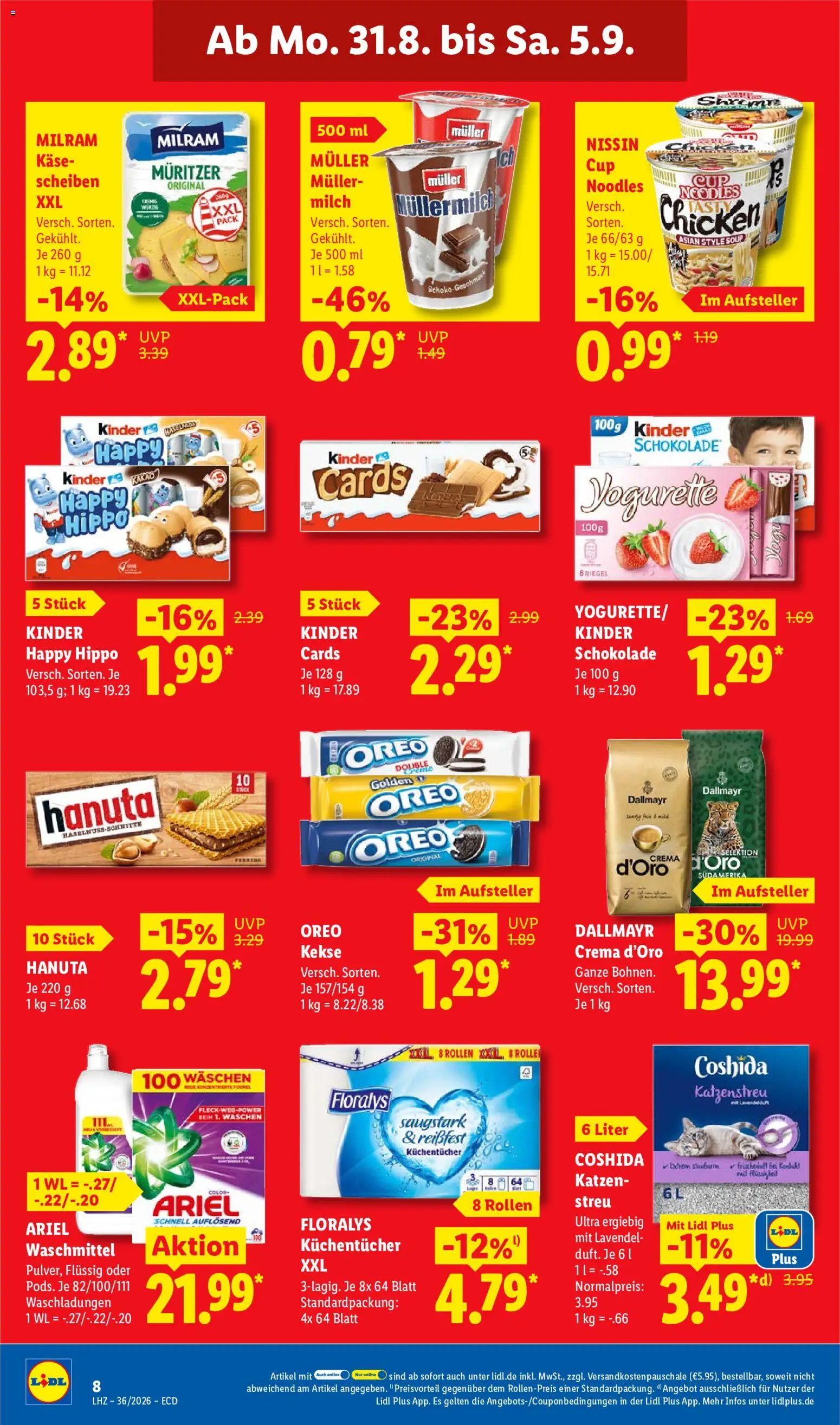 Lidl Německo leták od 31.08.2026 | Strana: 16 | Produkty: Ariel, Kakao, Kinder, Müllermilch