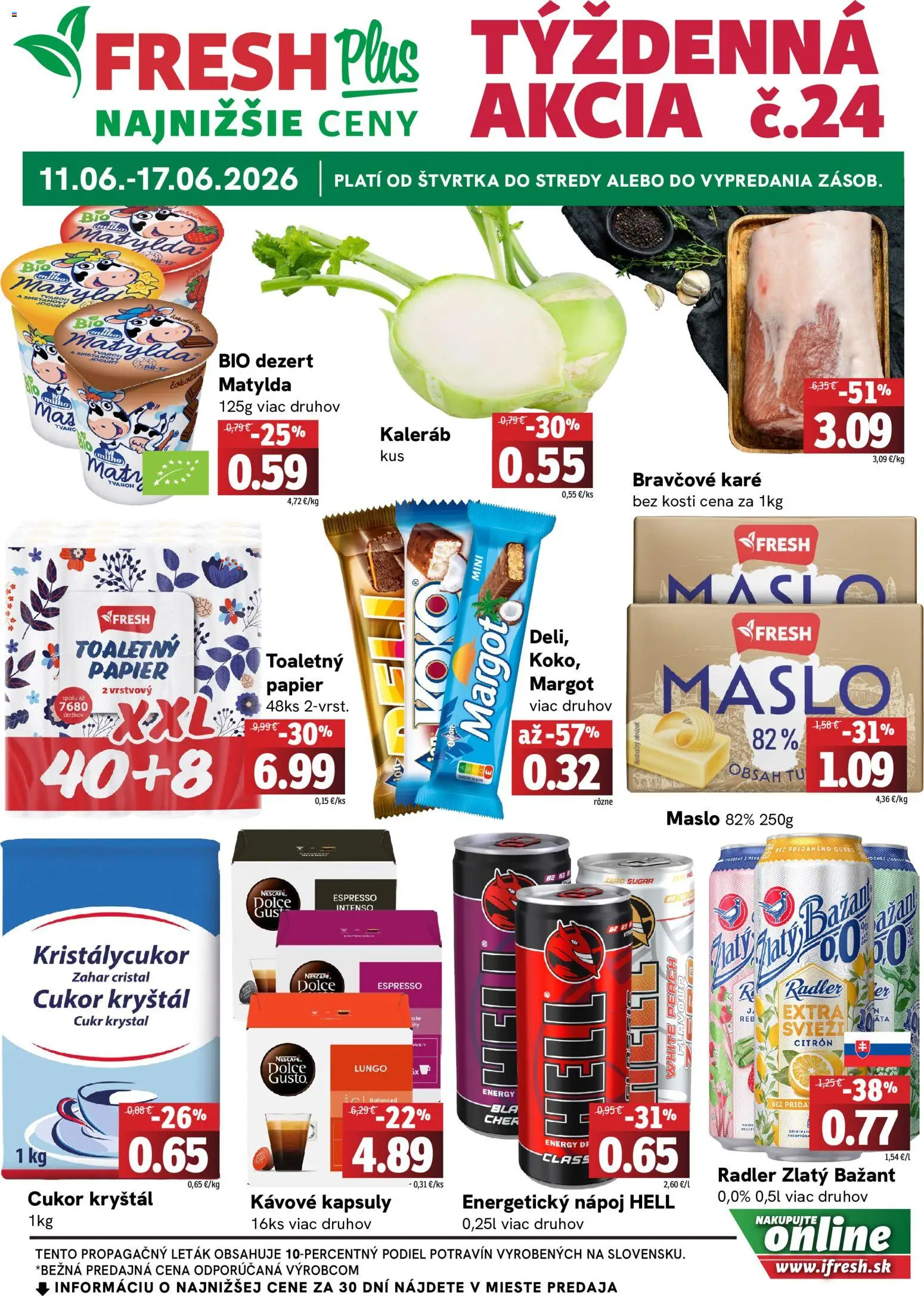 Nové Fresh akcie – leták je platný od 11.06.2026 | Strana: 1 | Produkty: Jogurt, Cukor, Bravčové karé, Energetický nápoj