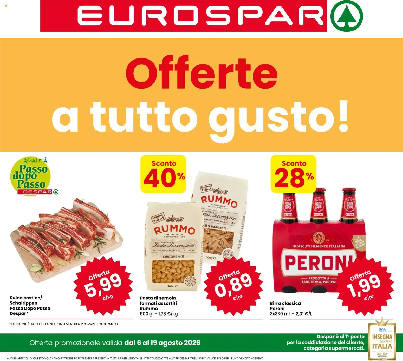 Volantino Eurospar del 06/08/2026 | Pagina: 1 | Prodotti: Birra, Suino, Pasta