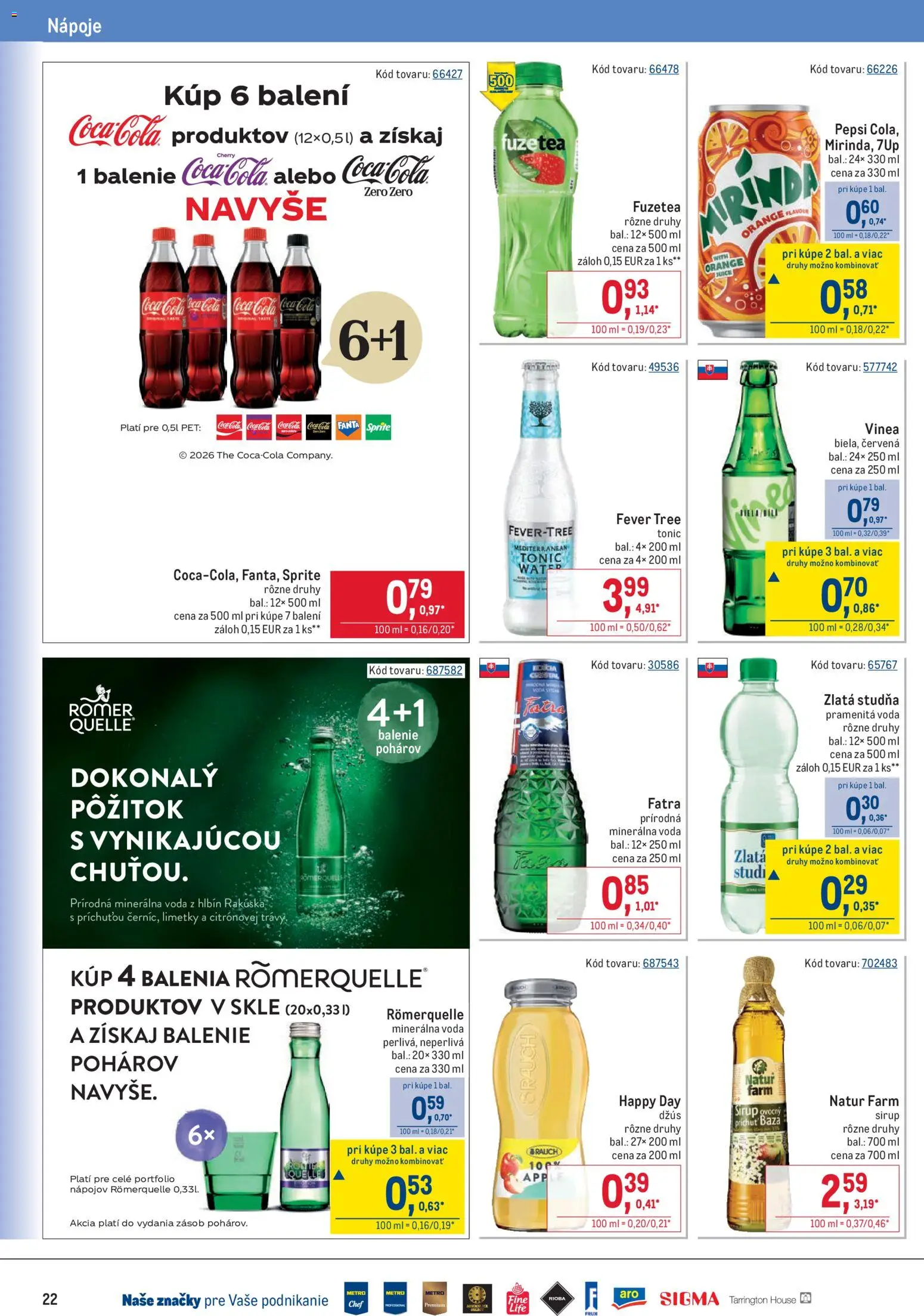 Nové Metro akcie – leták je platný od 17.06.2026 | Strana: 22 | Produkty: Džús, Fatra, Cola, Vinea