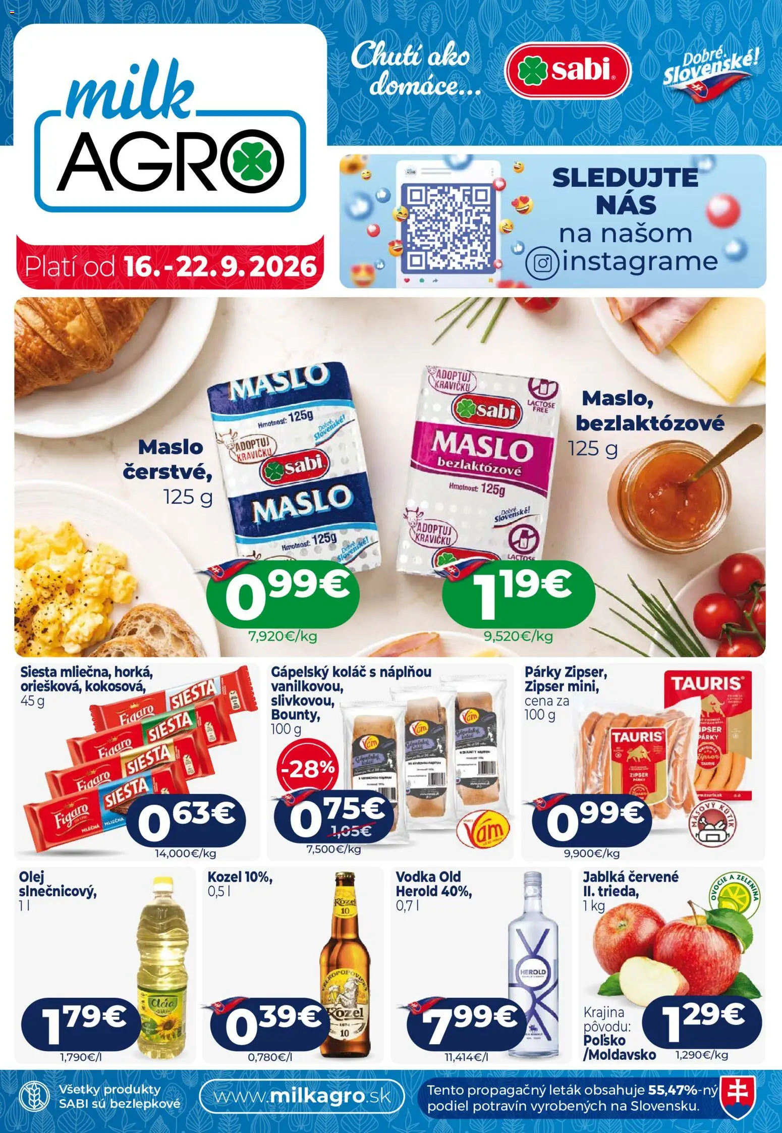 Nové Milk Agro akcie – leták je platný od 16.09.2026 | Strana: 1 | Produkty: Maslo, Jablká, Zelenina, Vodka