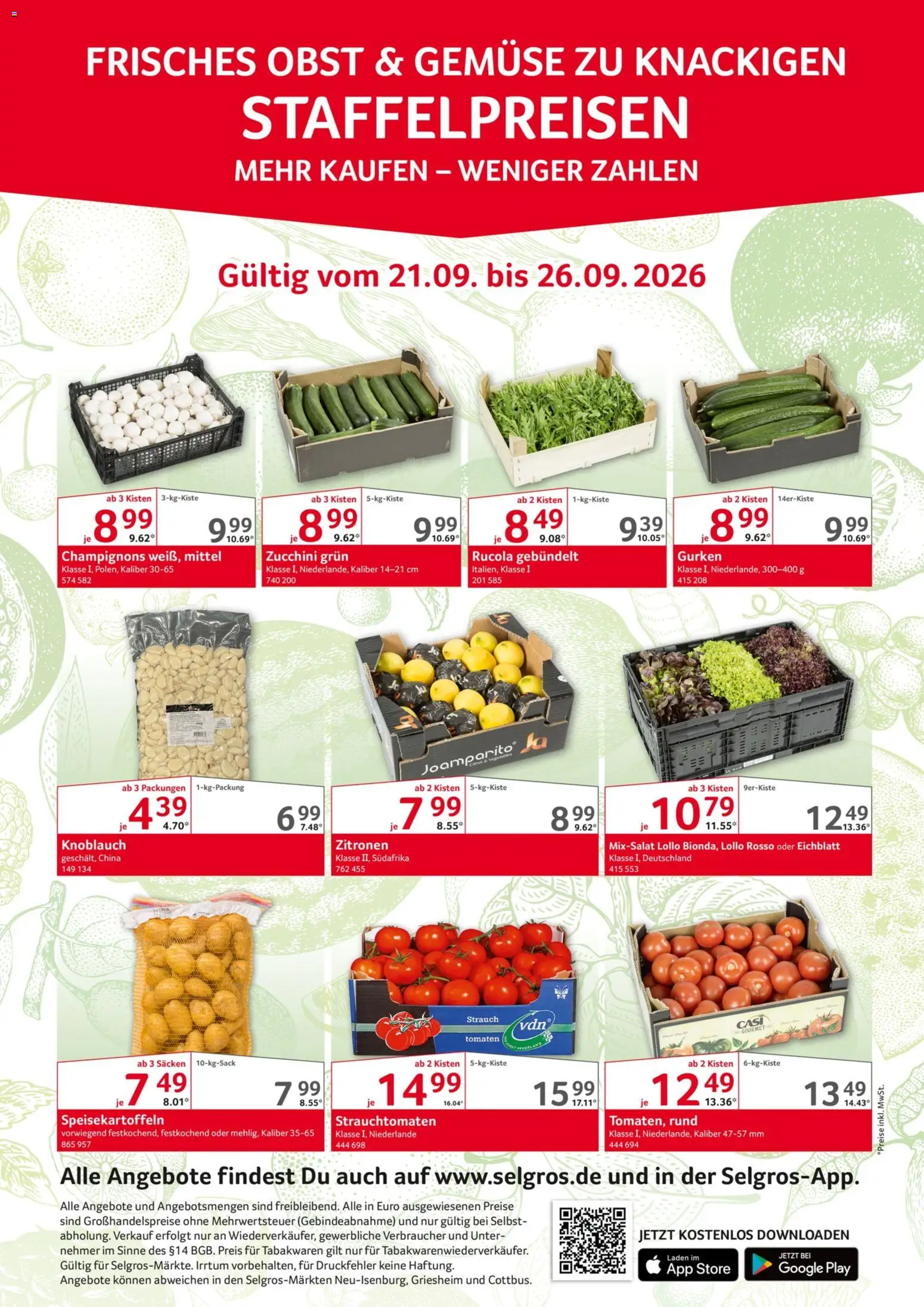 Selgros Obst & Gemüse – gültig ab 21.09.2026 | Seite: 1 | Produkte: Rucola, Tomaten, Gemüse, Obst