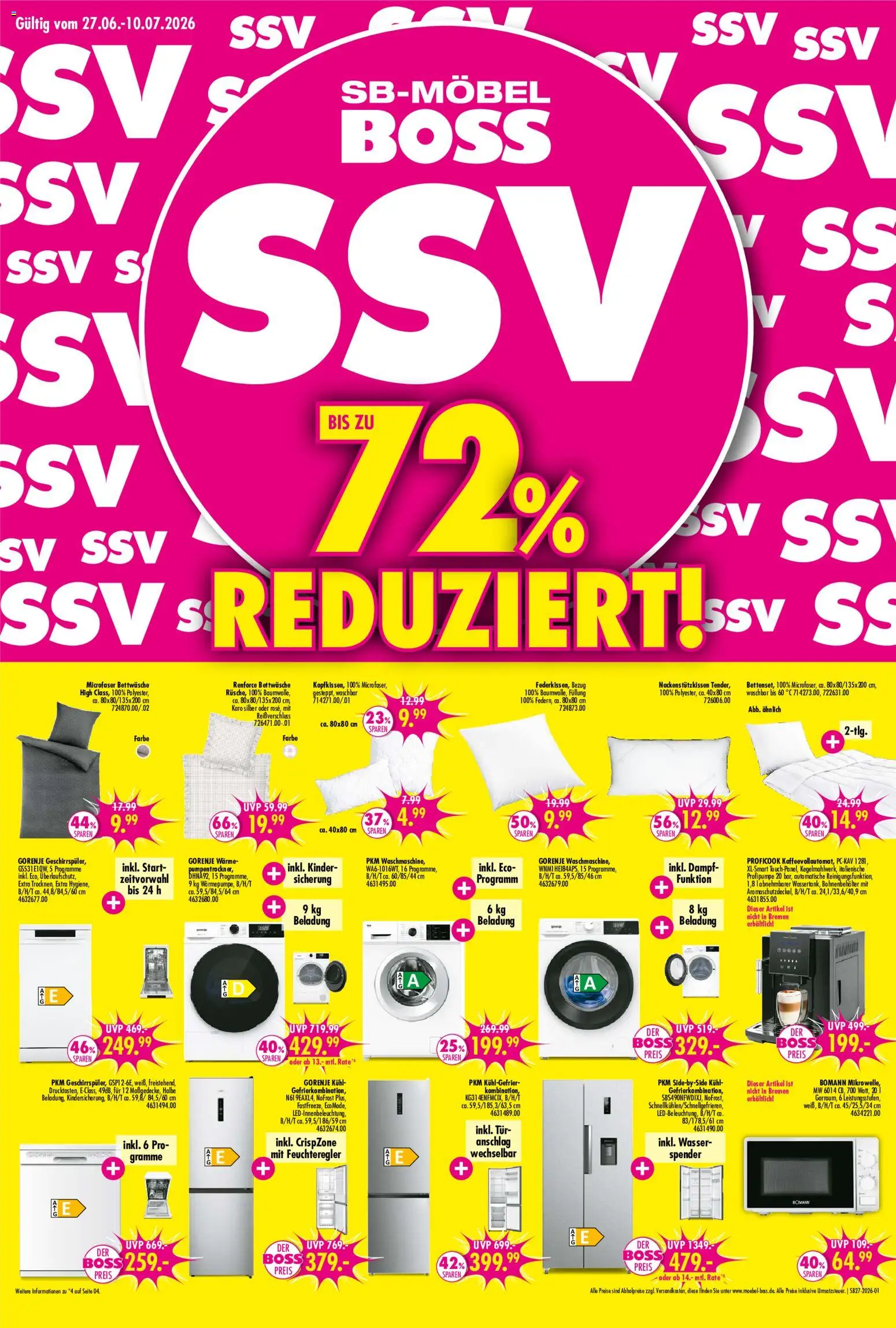 SB Möbel Boss Prospekt – gültig ab 27.06.2026 | Seite: 1 | Produkte: Gorenje, Bettwäsche, Tür, Wasser