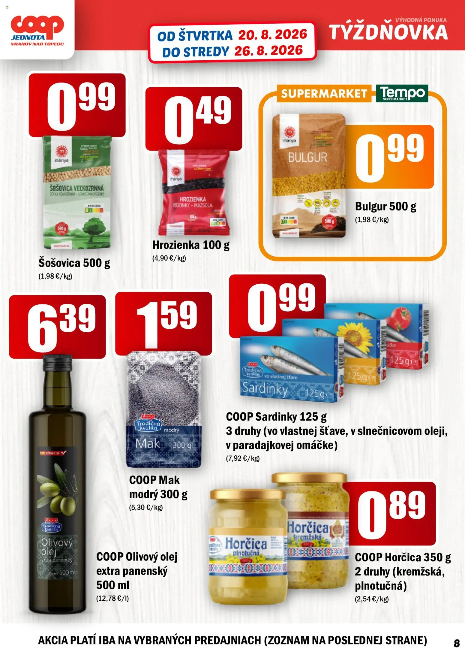 Nové COOP Jednota akcie – leták je platný od 20.08.2026 | Strana: 8 | Produkty: Olej, Hrozienka, Horčica, Mak