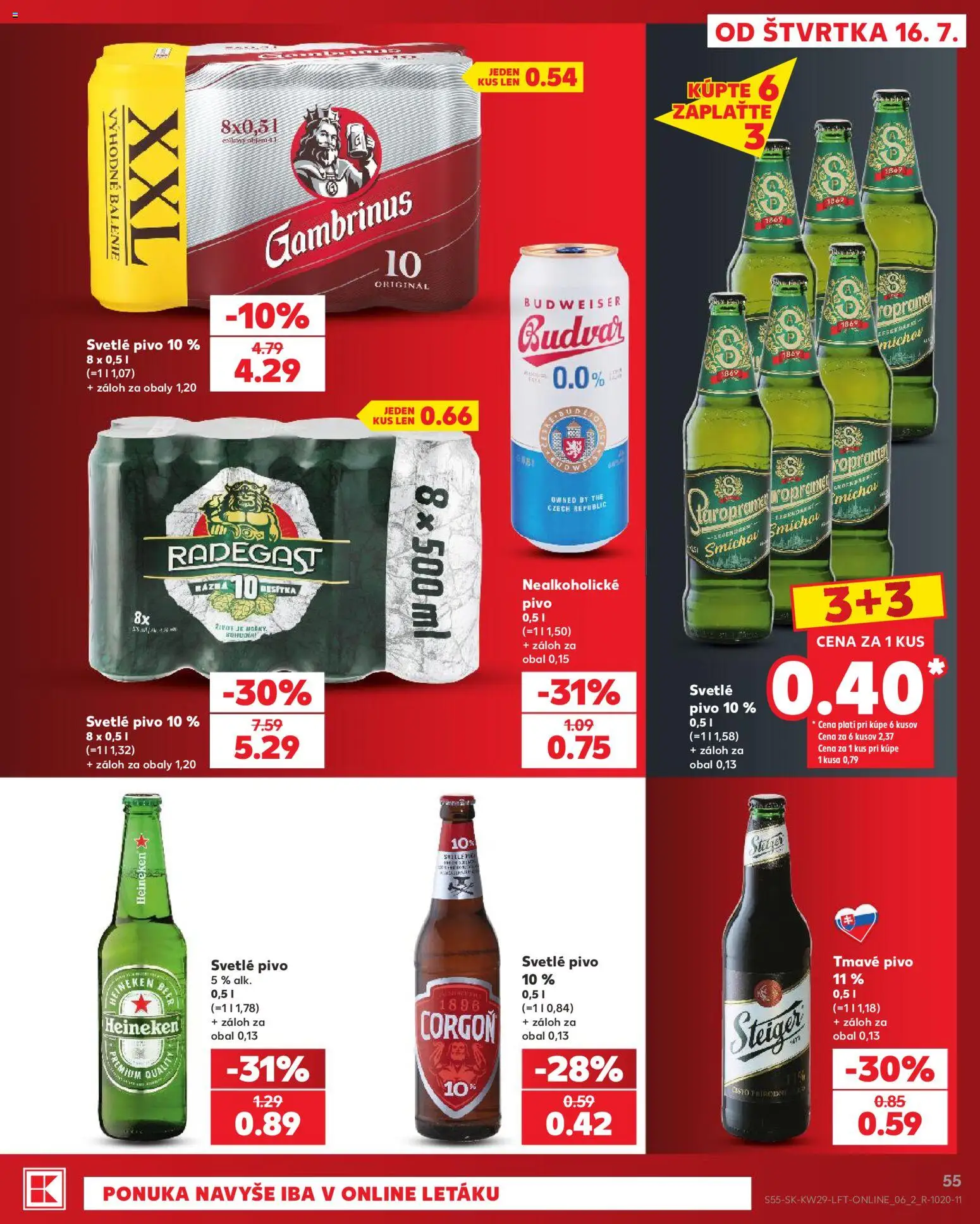 Nové Kaufland akcie – leták je platný od 16.07.2026 | Strana: 55 | Produkty: Radegast, Budvar, Heineken, Gambrinus
