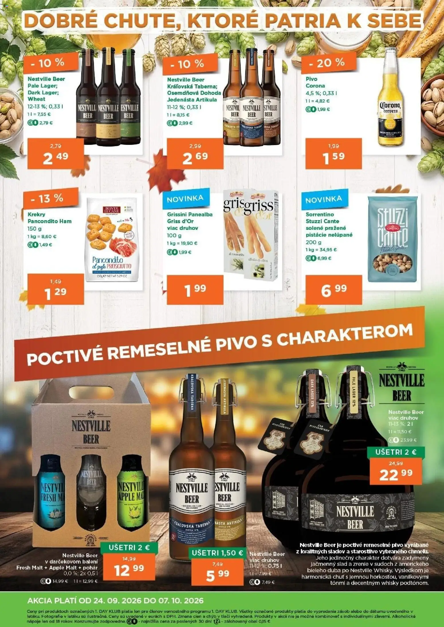 Nové 1day akcie – leták je platný od 24.09.2026 | Strana: 4 | Produkty: Pivo, Nápoje, Whisky, Pistácie