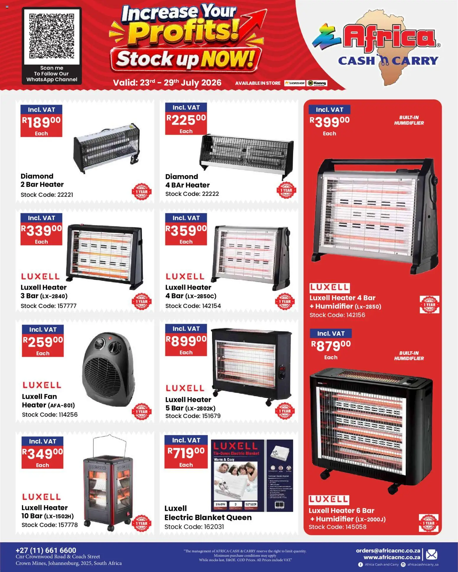 New Africa Cash & Carry catalogue – valid from 23/07/2026 | Page: 37 | Products: Fan heater, Blanket, Bar heater, Stock