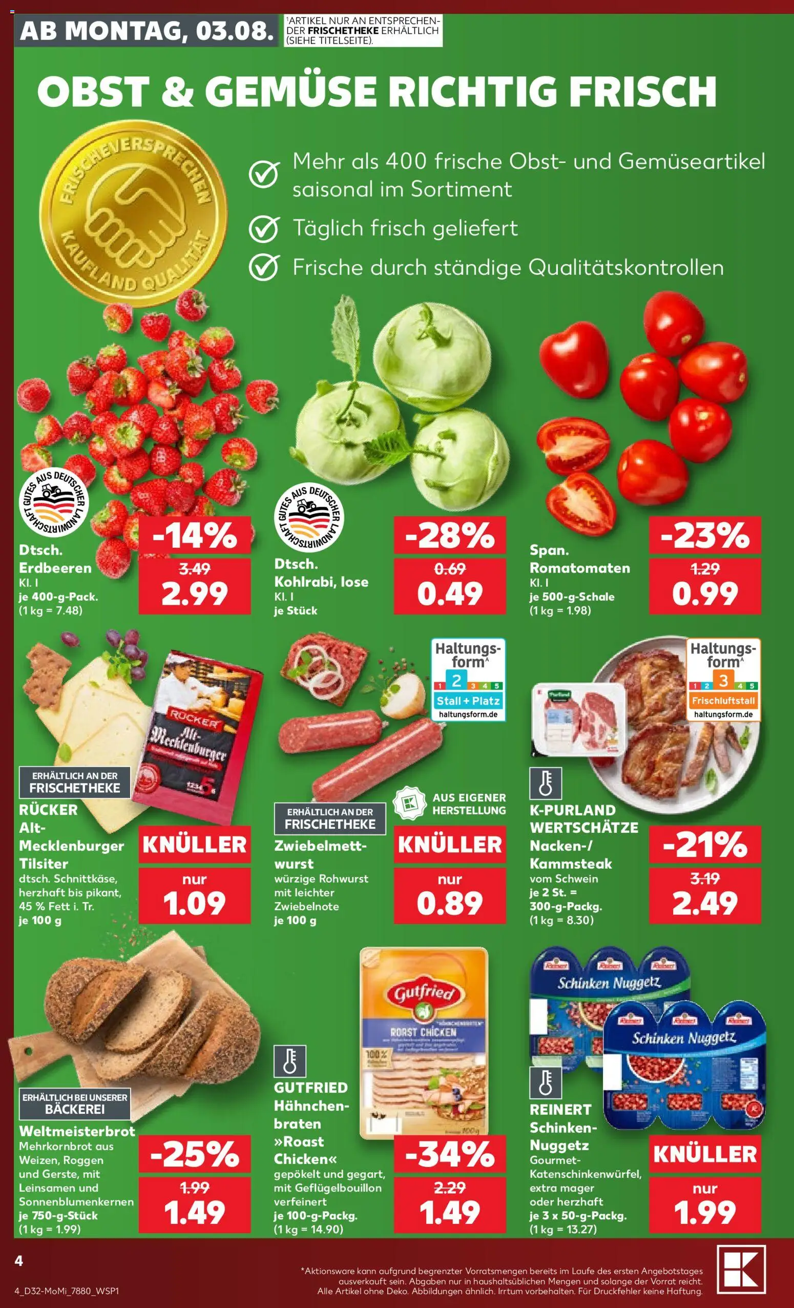 Kaufland Prospekt Hamburg – gültig ab 03.08.2026 | Seite: 4 | Produkte: Hahnchen, Bäckerei, Schinken, Erdbeeren