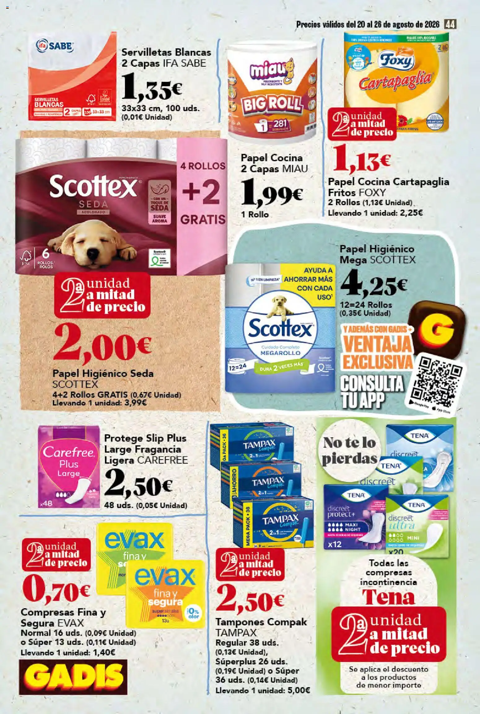 Gadis folleto │ válido desde el 20/08/2026 | Página: 44 | Productos: Tampones, Papel higienico, Té, Compresas