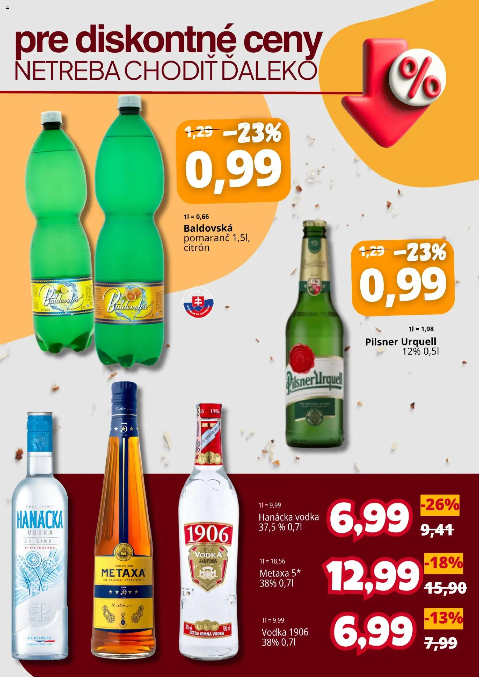 Nové CBA Komfos akcie – leták je platný od 07.05.2026 | Strana: 4 | Produkty: Pilsner Urquell, Metaxa, Vodka, Baldovská