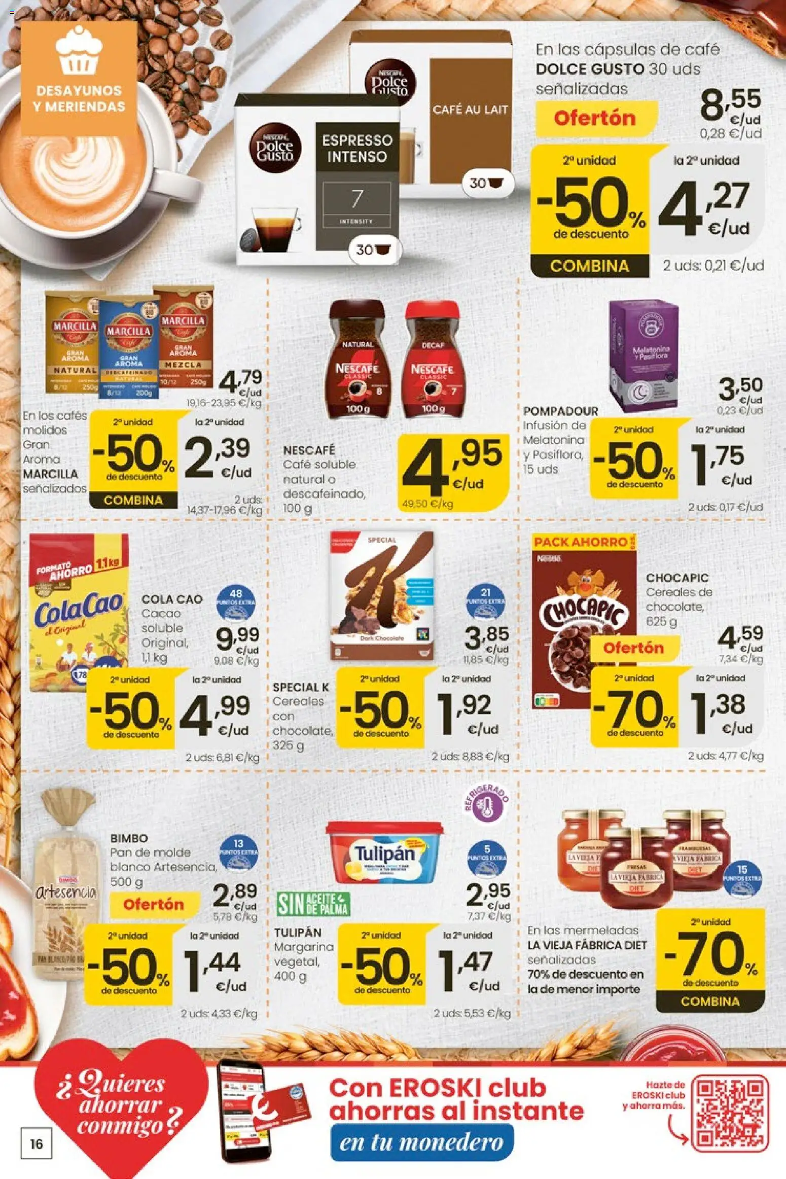 Eroski Ofertones de verano │ válido desde el 28.05.2026 | Página: 16 | Productos: Café, Cereales, Μηχανή καφέ, Φρυγανιές σικάλεως
