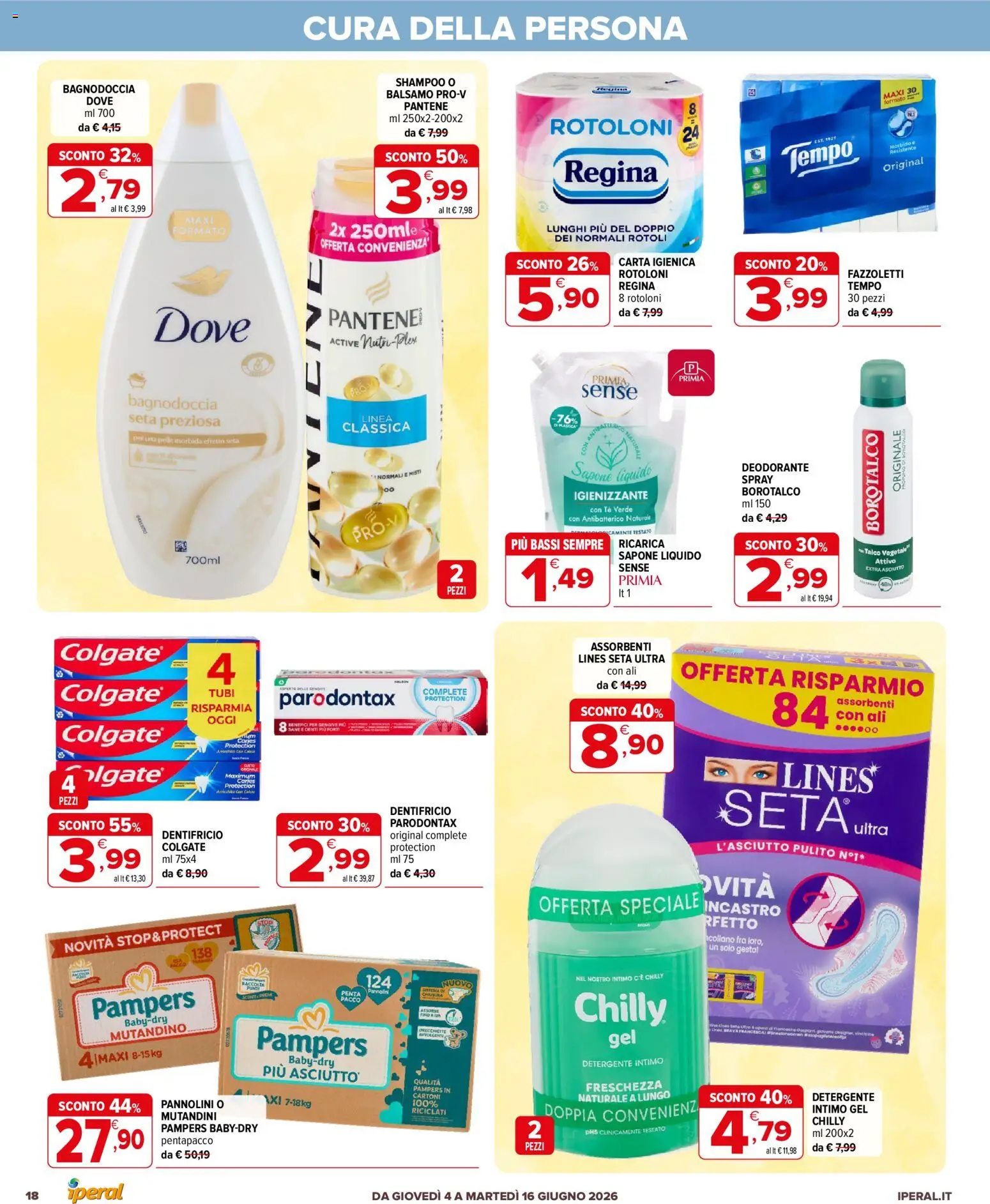 Volantino Iperal del 04.06.2026 | Pagina: 18 | Prodotti: Pannolini, Deodorante, Dentifricio, Detergente