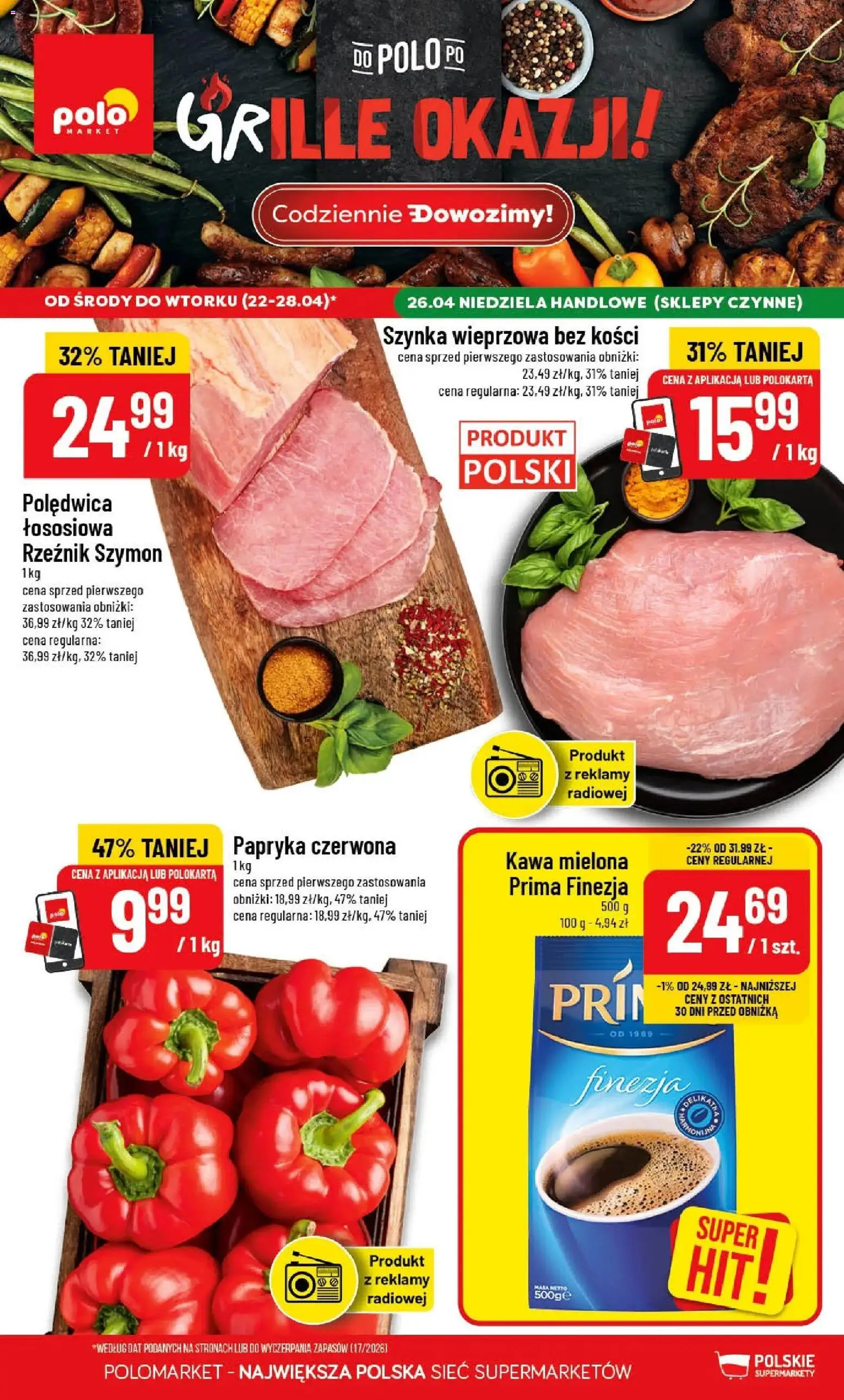POLOmarket gazetka od 22.04.2026 | Strona: 1 | Produkty: Szynka wieprzowa, Papryka, Papryka czerwona, Kawa