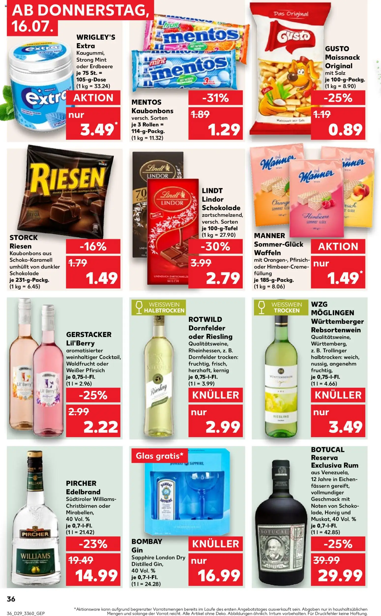 Kaufland Prospekt Jena – gültig ab 16.07.2026 | Seite: 36 | Produkte: Weißwein halbtrocken, Waffeln, Salz, Lindt