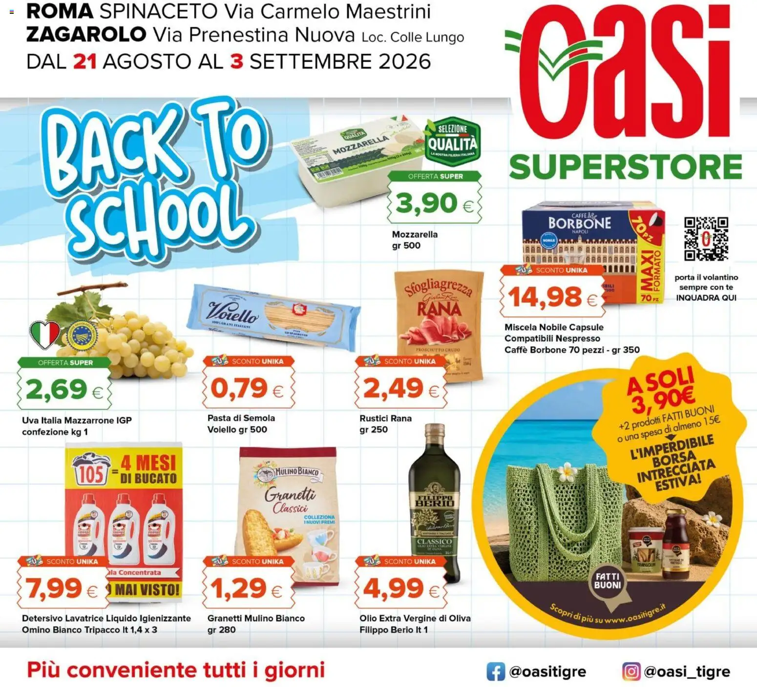Volantino Oasi del 21/08/2026 | Pagina: 1 | Prodotti: Mozzarella, Olio, Pasta, Borsa