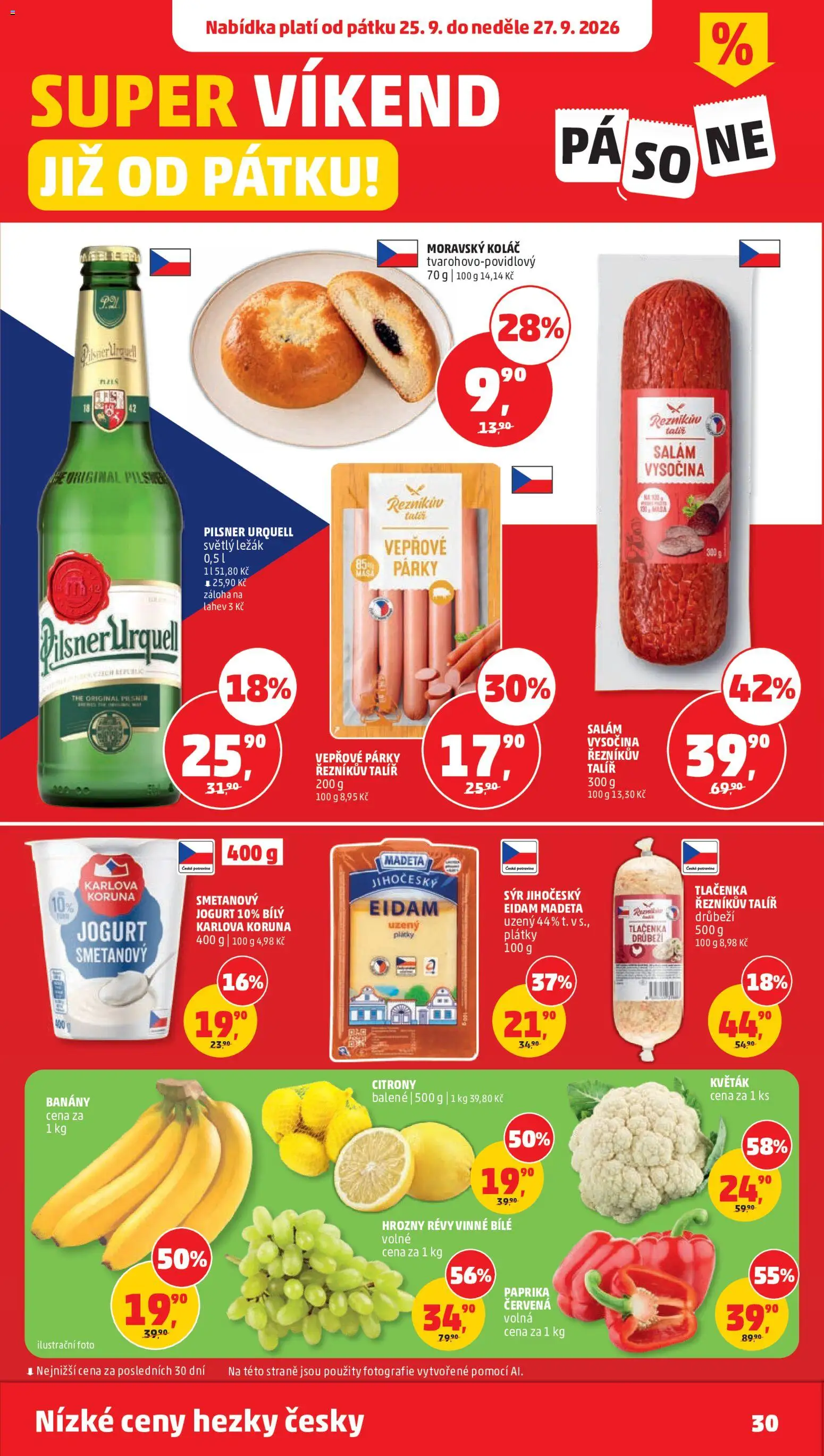 Penny Market leták od 23.09.2026 | Strana: 30 | Produkty: Pilsner, Tlačenka, Vepřové párky, Hrozny