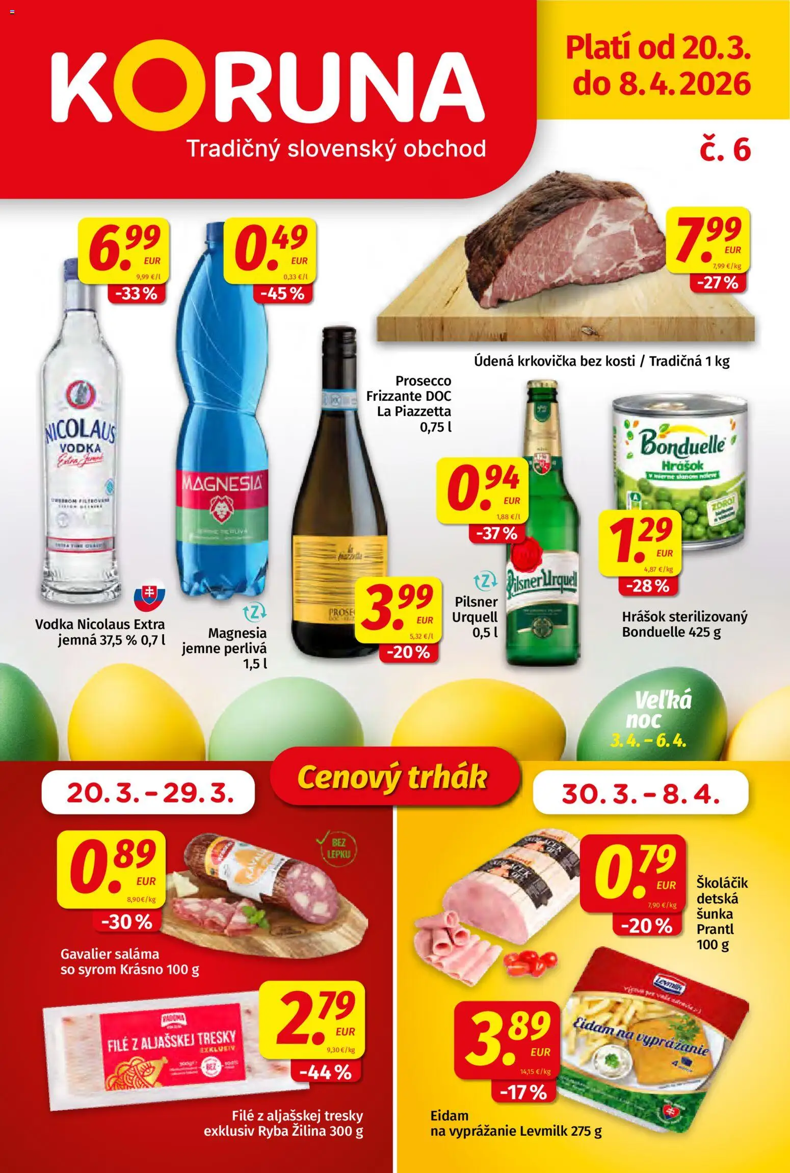 Nové Koruna akcie – leták je platný od 20.03.2026 | Strana: 1 | Produkty: Saláma, Šunka, Ryba, Magnesia