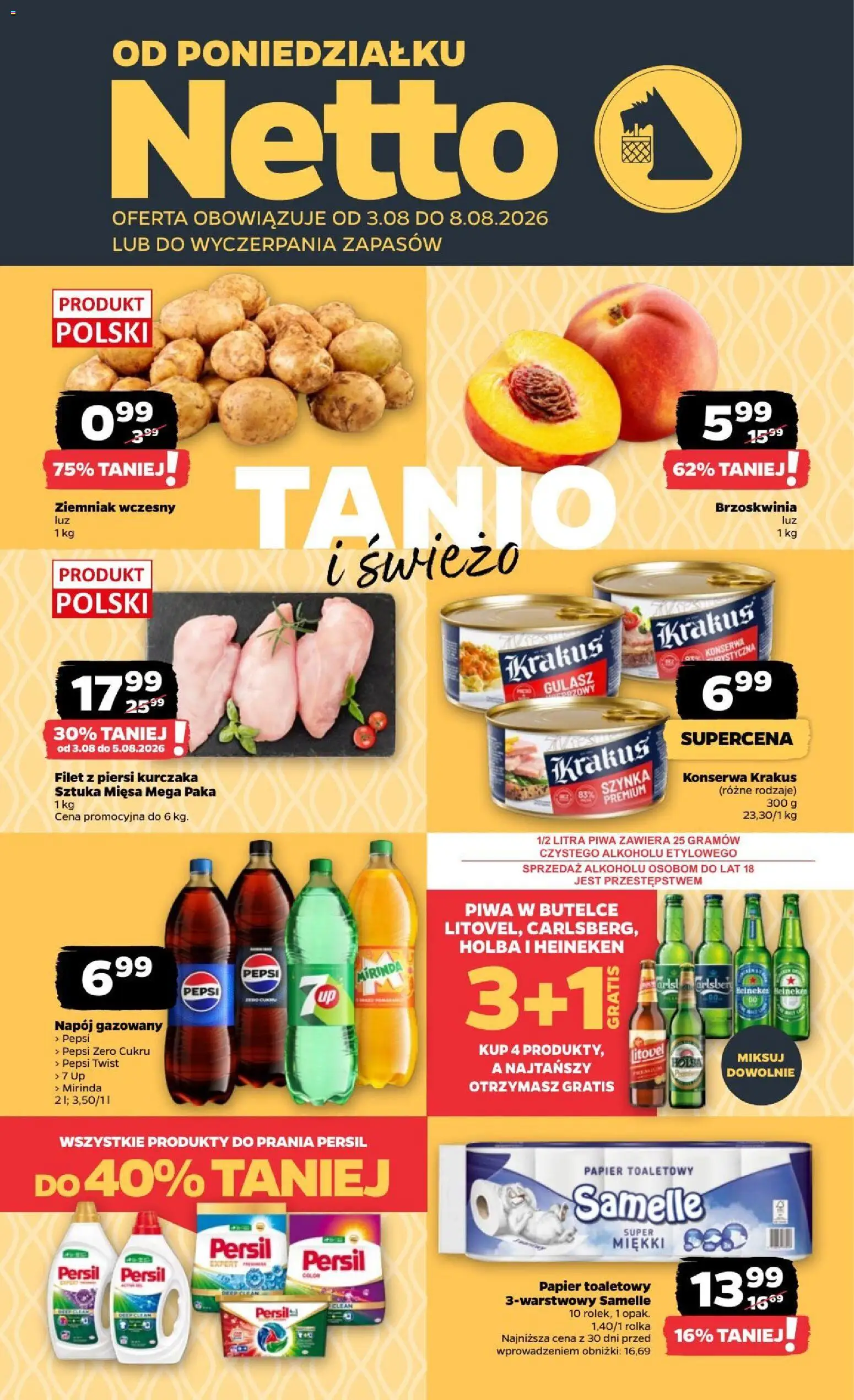 Netto gazetka od poniedziałku od 03.08.2026 | Strona: 1 | Produkty: Papier toaletowy, Pepsi, Filet z piersi kurczaka, Gulasz