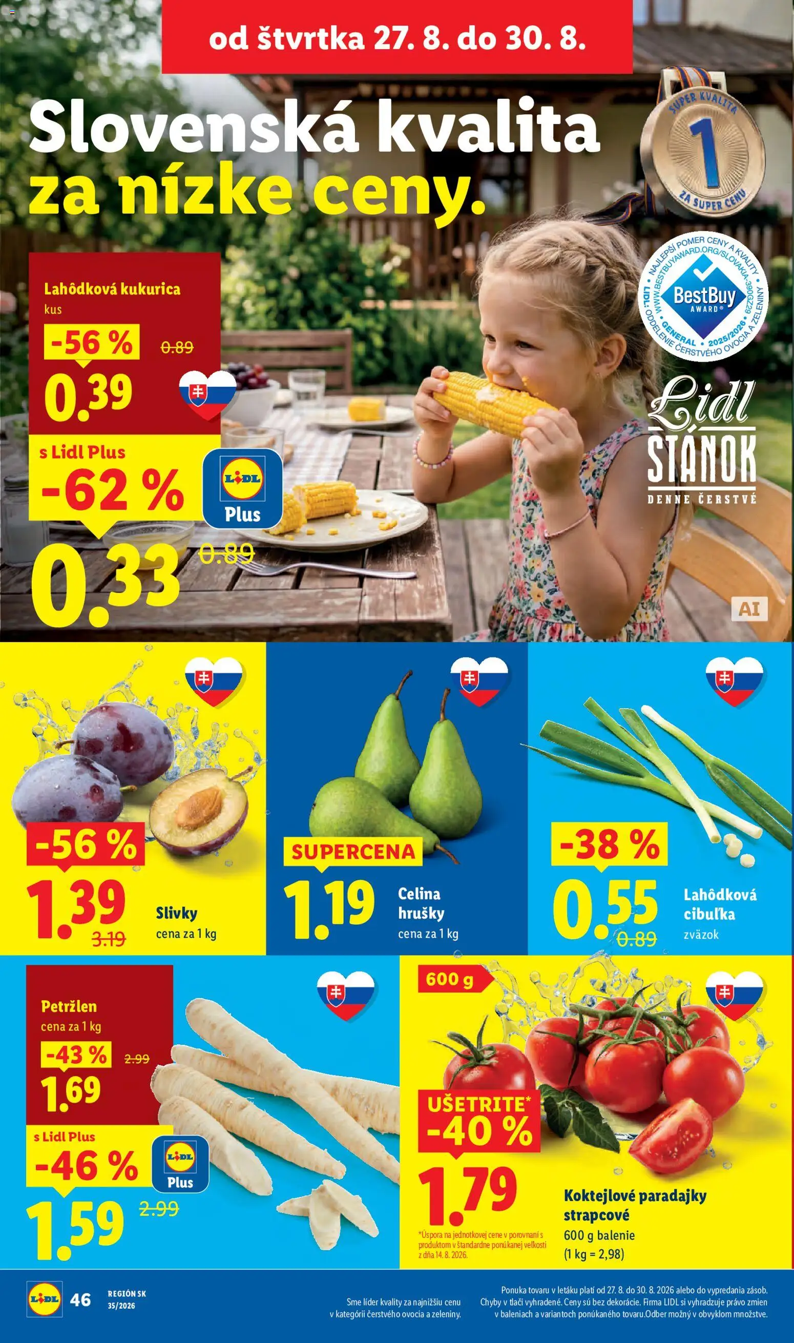 Nové Lidl akcie – leták je platný od 24.08.2026 | Strana: 56 | Produkty: Paradajky, Hrušky, Kukurica, Slivky