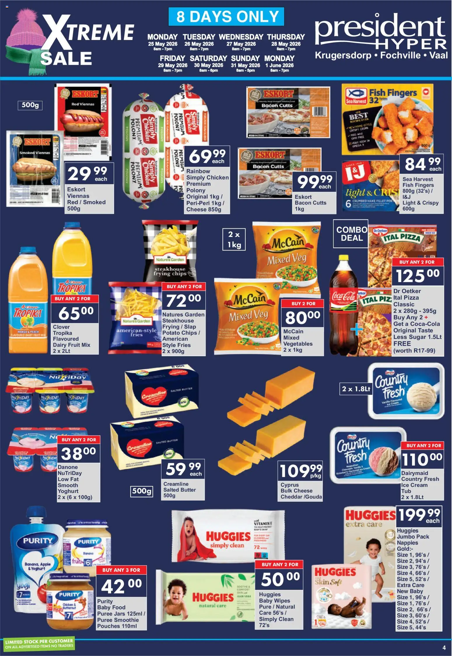 New President Hyper catalogue – valid from 25.05.2026 | Page: 4 | Products: Fish, Chips, Sugar, Nappies