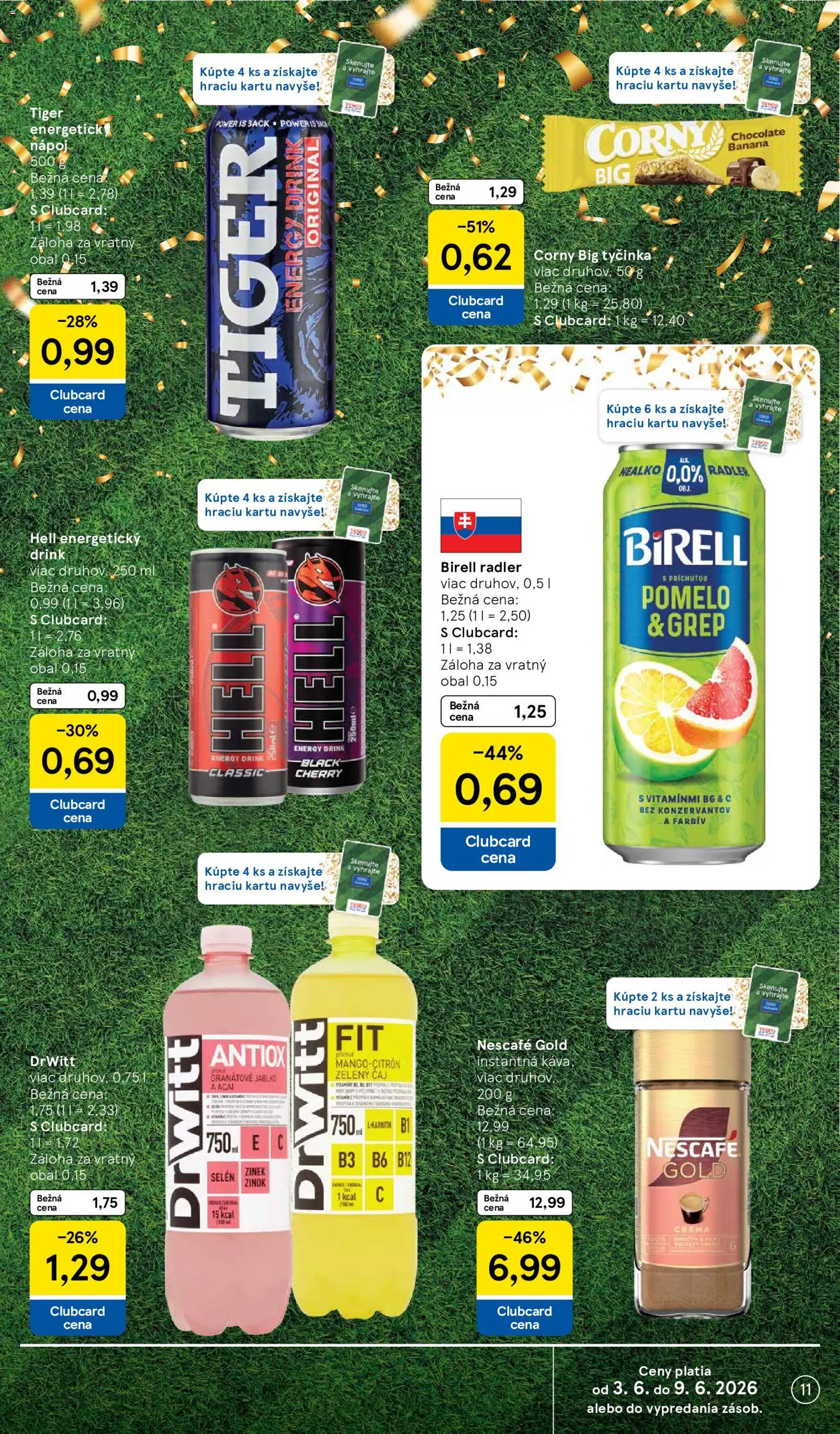 Nové Tesco akcie – leták je platný od 03.06.2026 | Strana: 11 | Produkty: Energetický drink, Grep, Nescafé Gold, Energetický nápoj