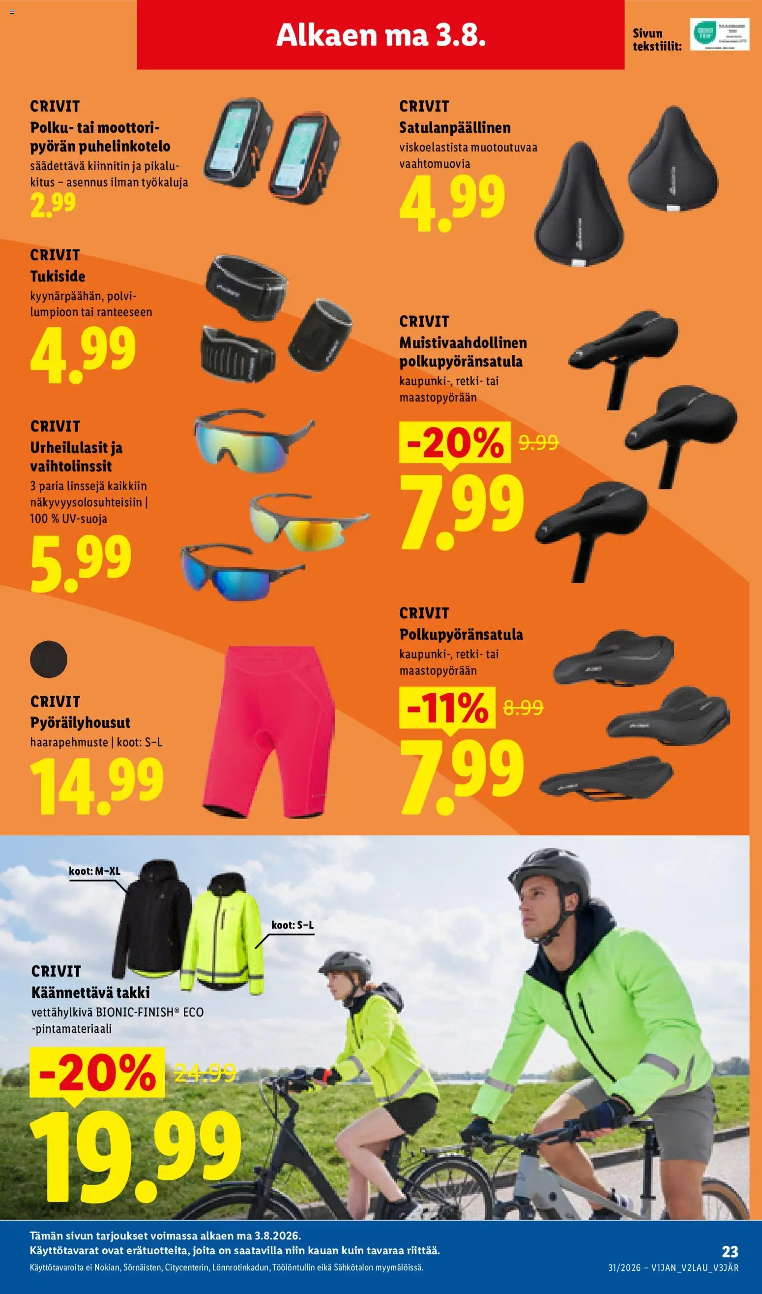 Lidl tarjoukset – voimassa 30/07/2026 alkaen | Sivu: 31 | Tuotteet: Pyöräilyhousut, Urheilulasit, Takki