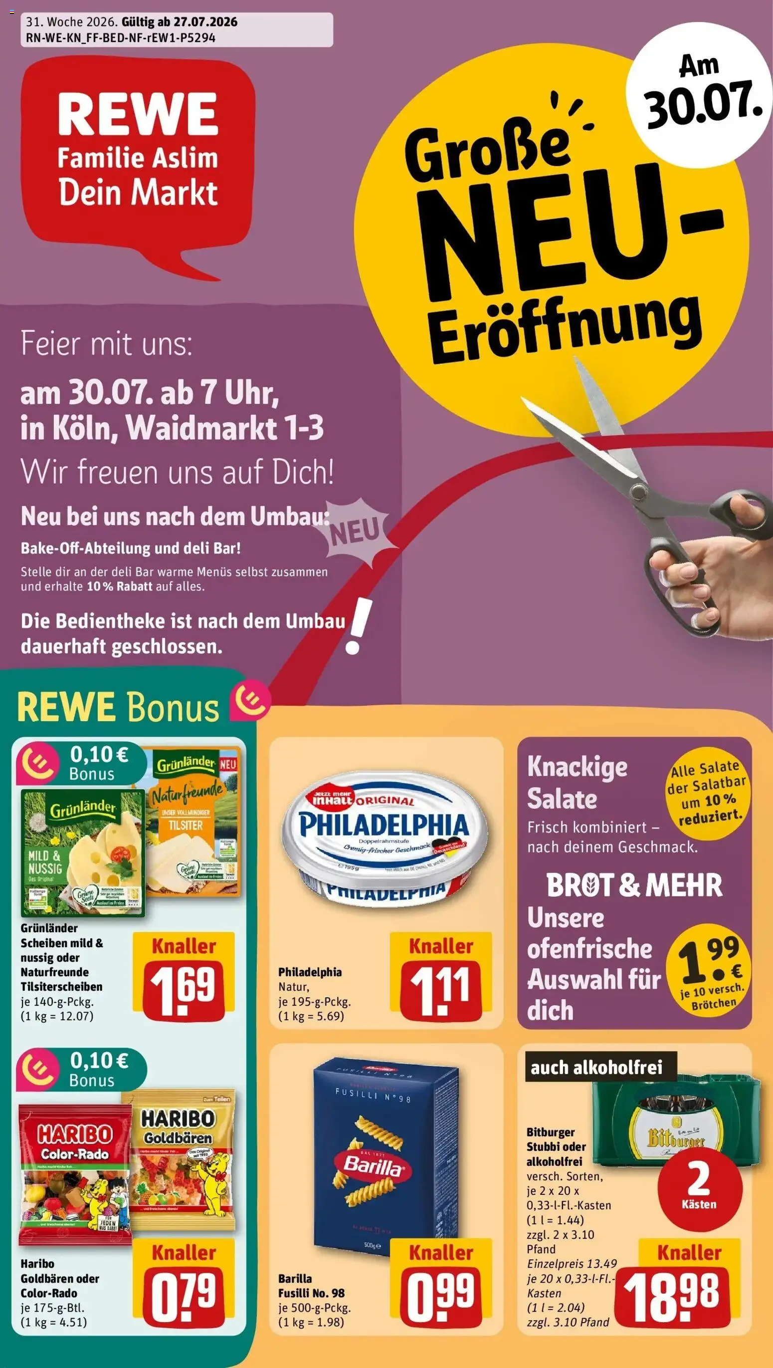 Rewe Prospekt Köln – gültig ab 27.07.2026 | Seite: 1 | Produkte: Bitburger, Philadelphia, Grunlander, Brot