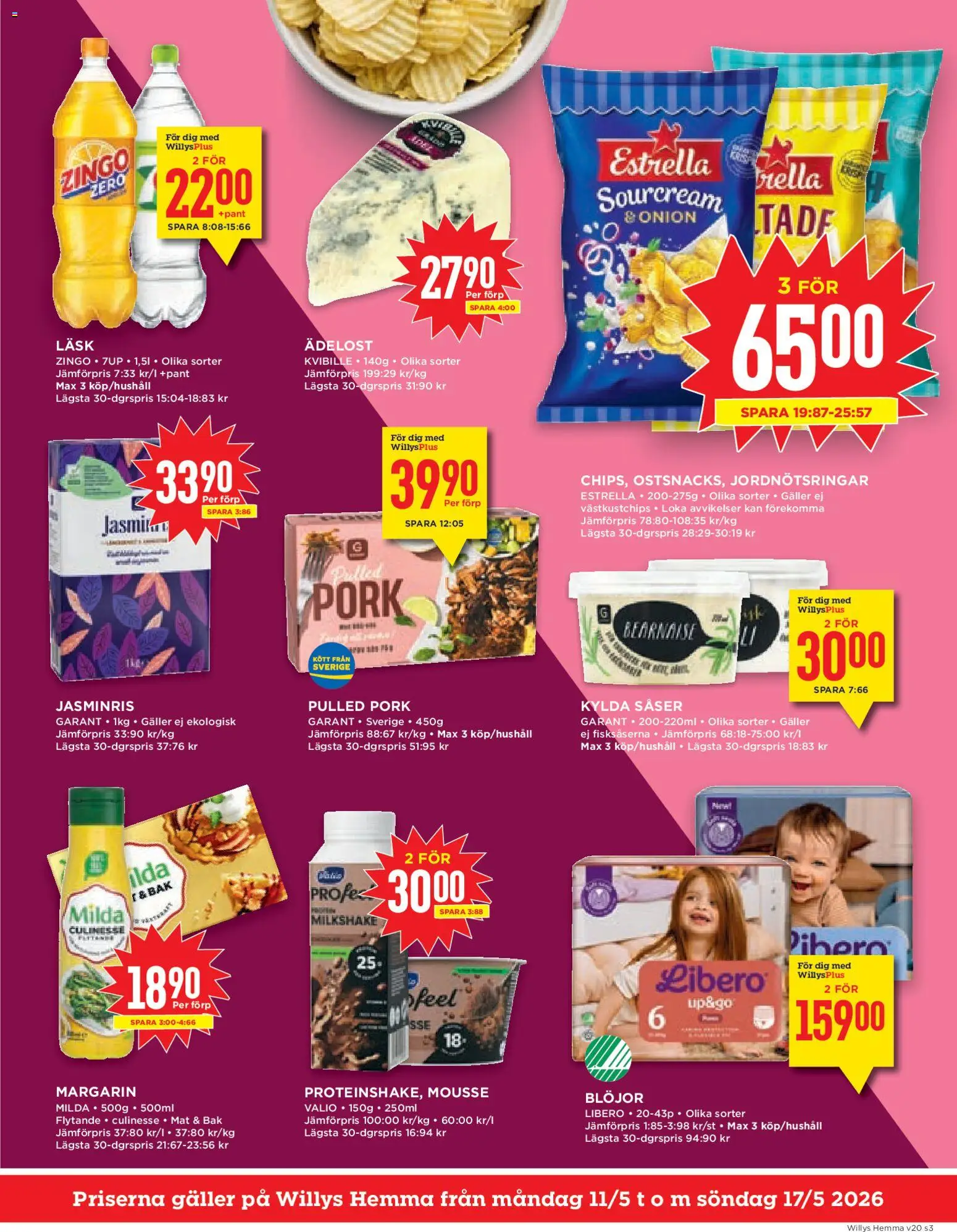 Willys reklamblad aktuell från 11.05.2026 | Sida: 3 | Produkter: Zingo, Galler, Margarin, Blöjor