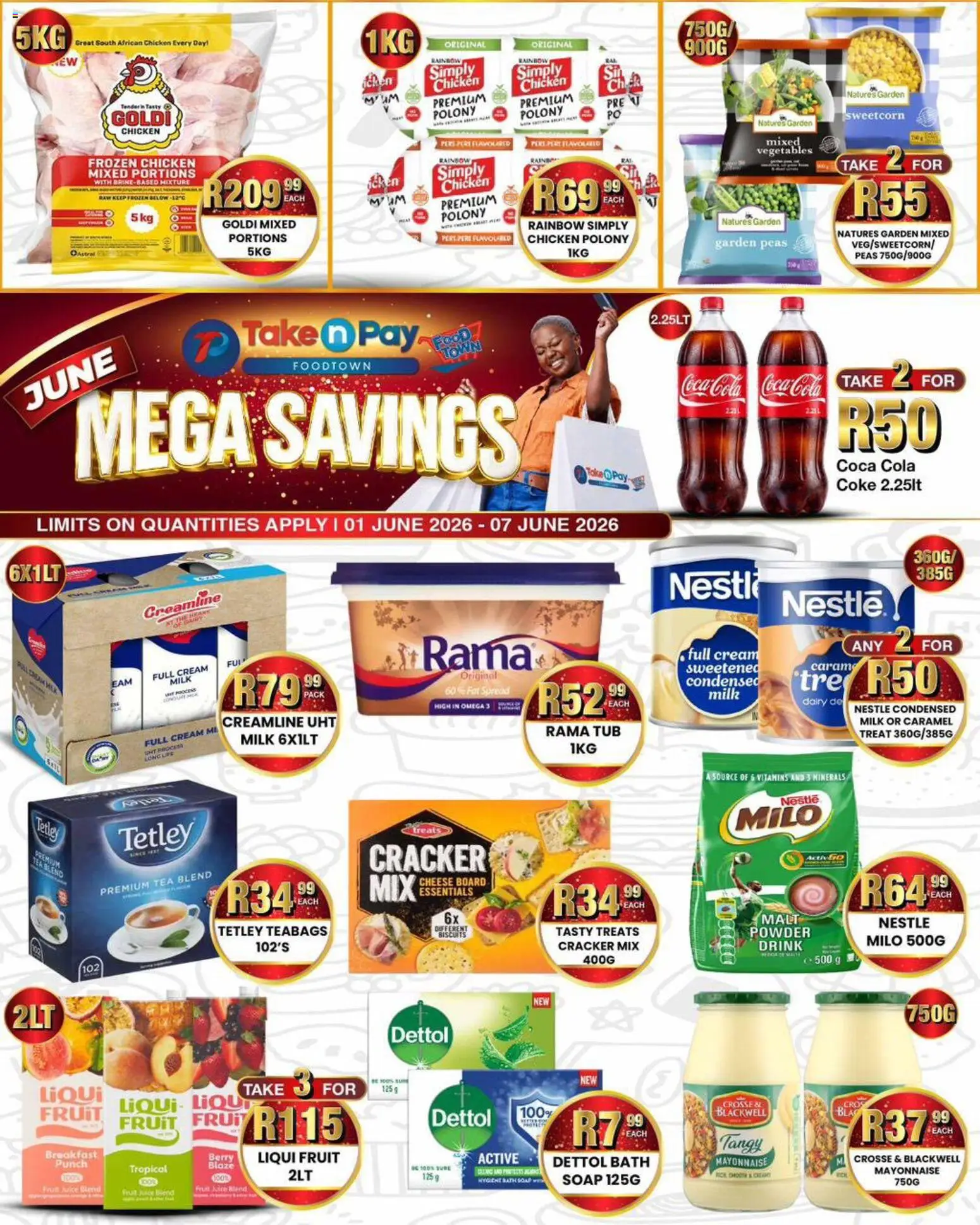 New Take n Pay catalogue – valid from 01.06.2026 | Page: 1 | Products: Chicken, Tea, Fruit, Caramel