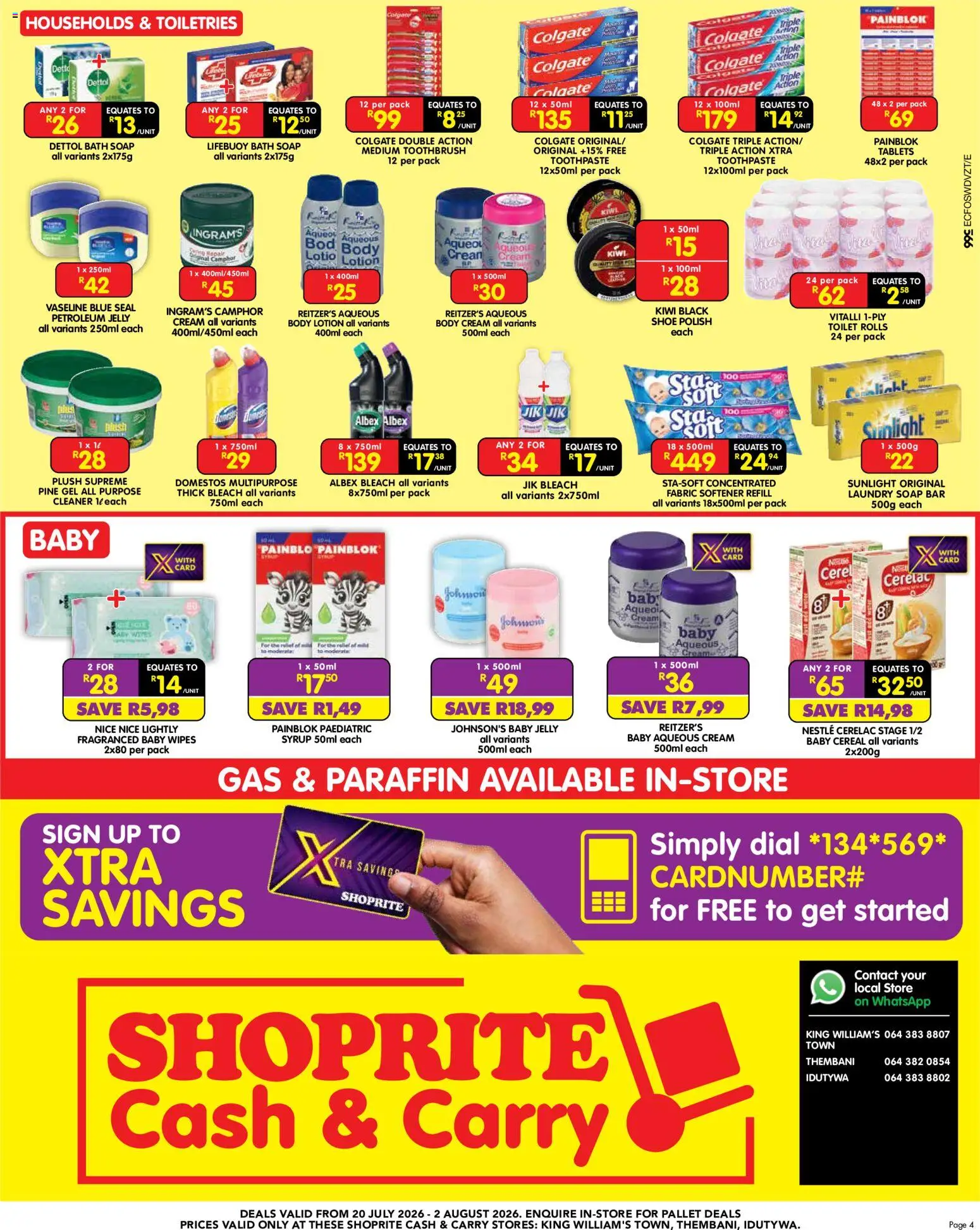 New Shoprite catalogue – valid from 20/07/2026 | Page: 4 | Products: Bleach, Cream, Syrup, Toothbrush