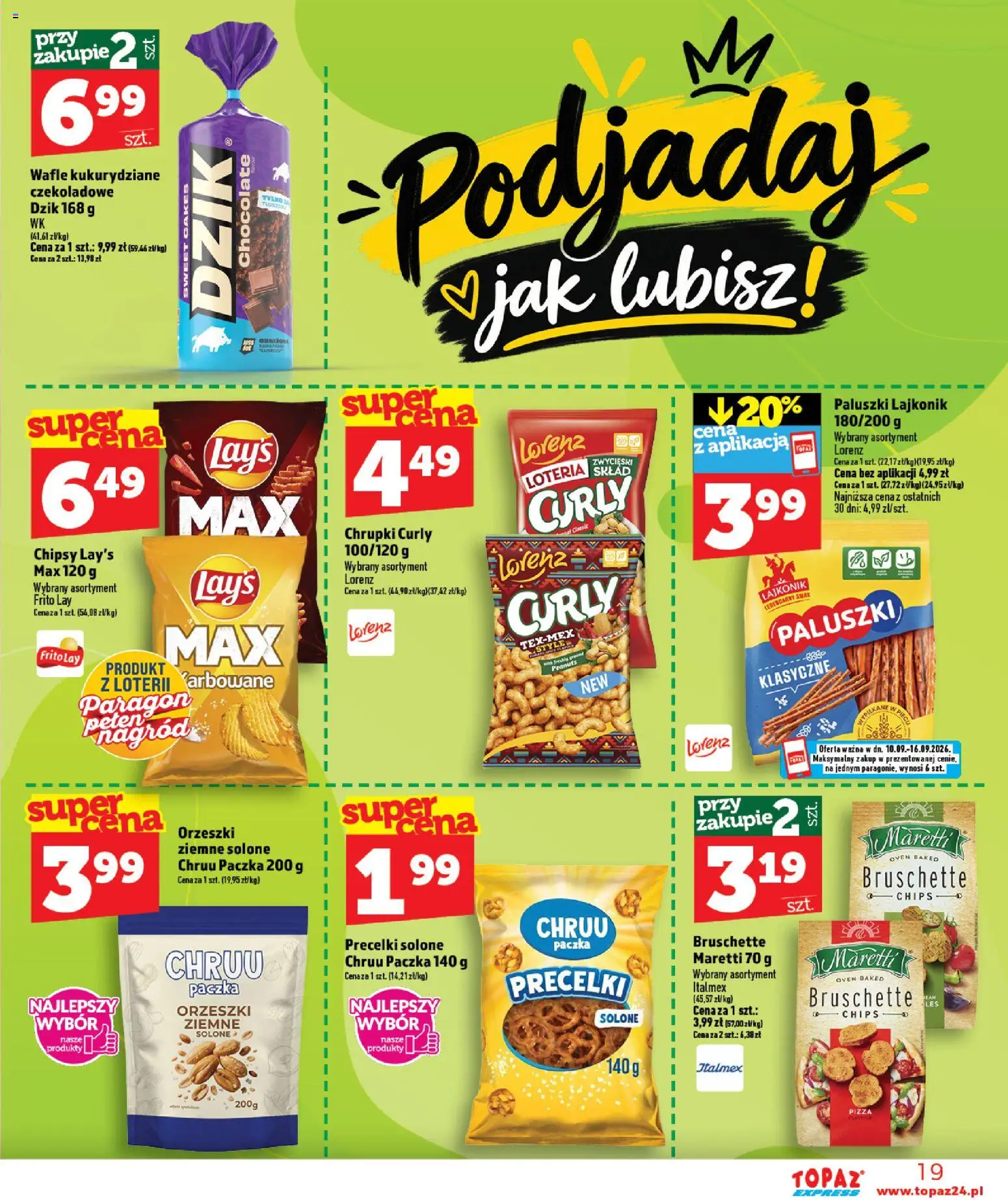 Topaz gazetka - Express od 10.09.2026 | Strona: 19 | Produkty: Chipsy, Wafle, Paluszki, Orzeszki ziemne