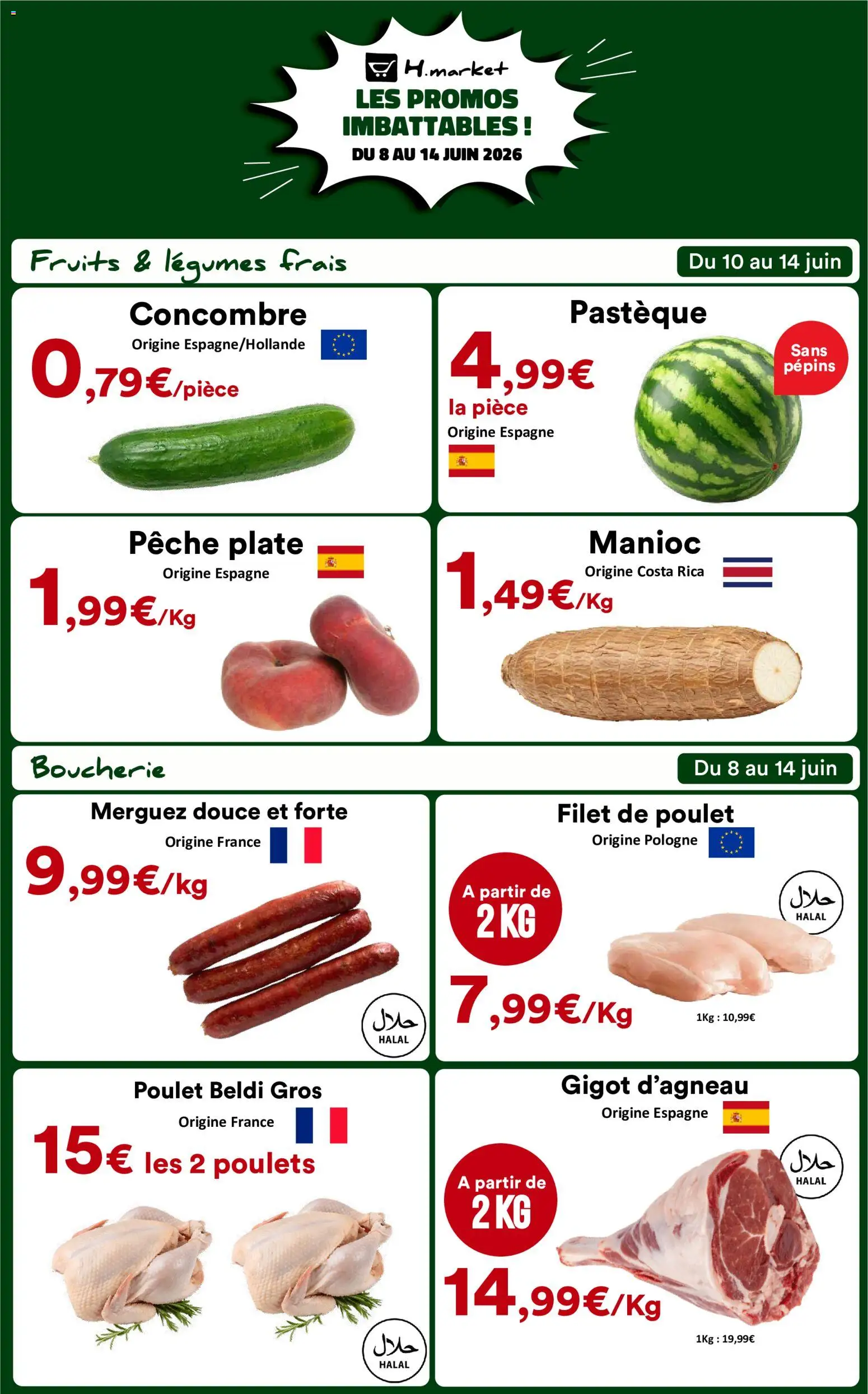 {H1} | Page: 1 | Produits: Gigot d'agneau, Pastèque, Pêche, Merguez
