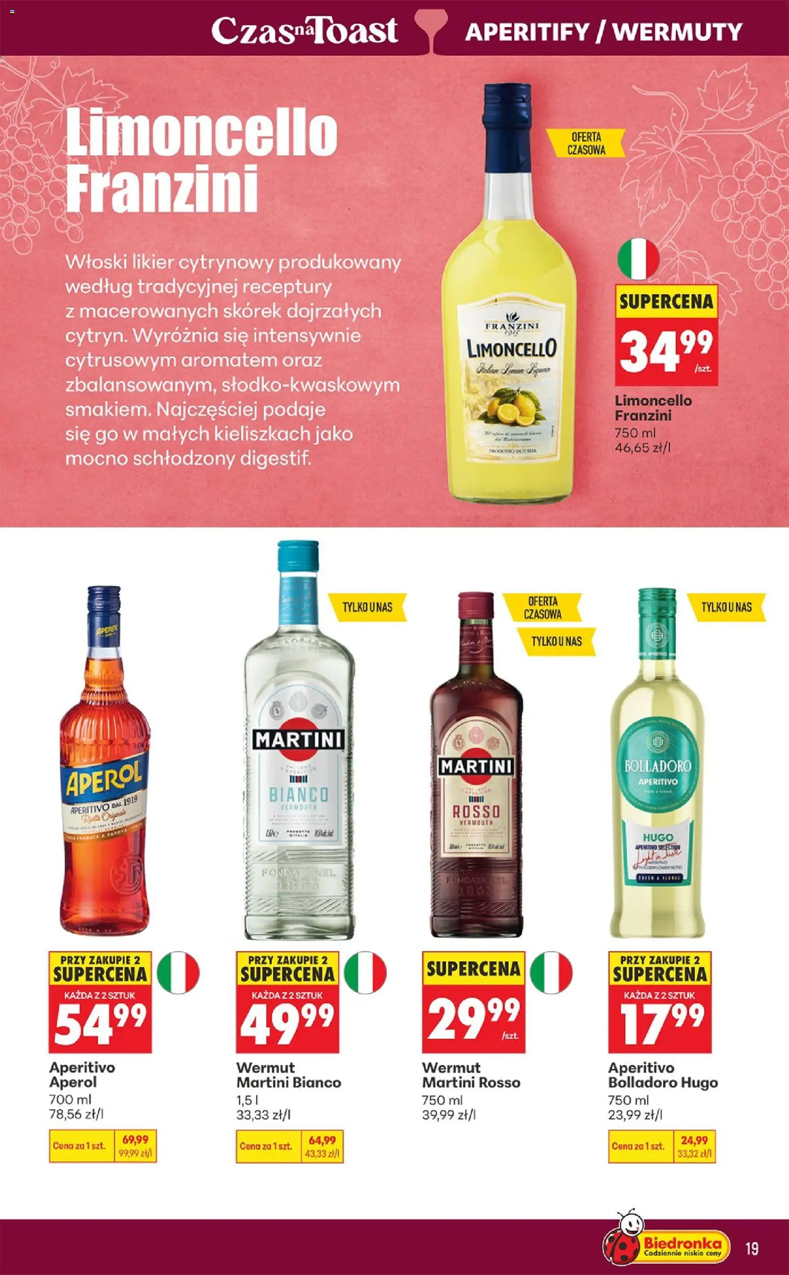 Biedronka gazetka - Czas na toast od 07.09.2026 | Strona: 19 | Produkty: Martini, Aperitif, Aperol, Martini Bianco