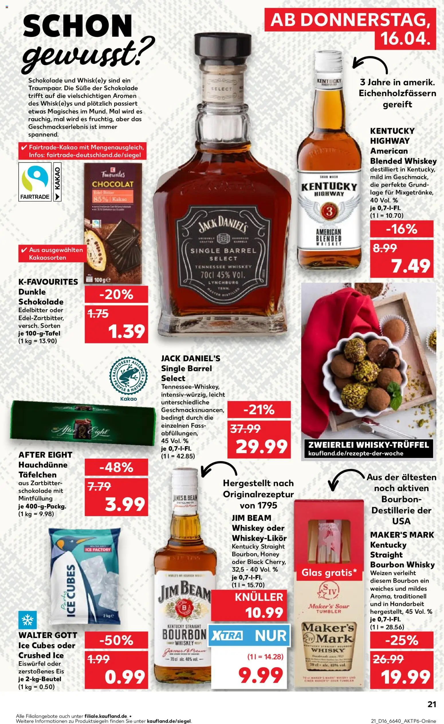 Kaufland Německo leták od 16.04.2026 | Strana: 21 | Produkty: Whiskey, Whisky, Jack Daniel’s, After Eight