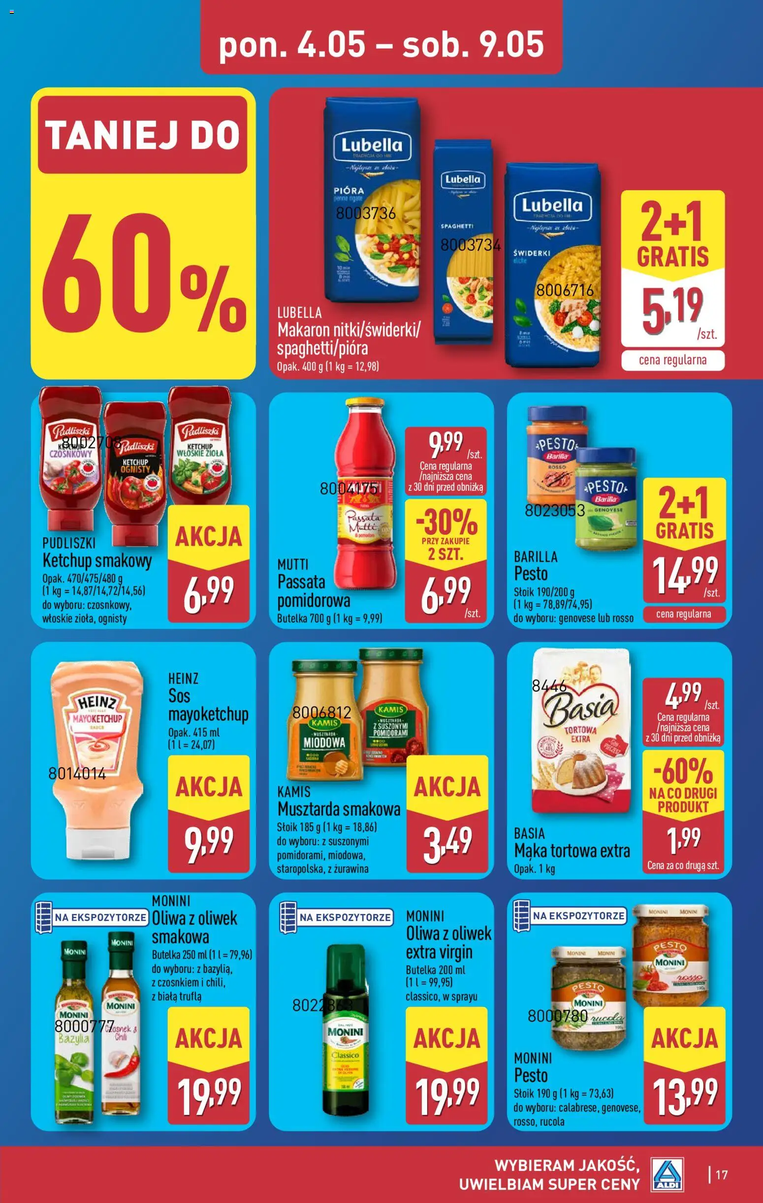 Aldi gazetka od 04.05.2026 | Strona: 17 | Produkty: Ketchup, Oliwa z oliwek, Penne, Musztarda