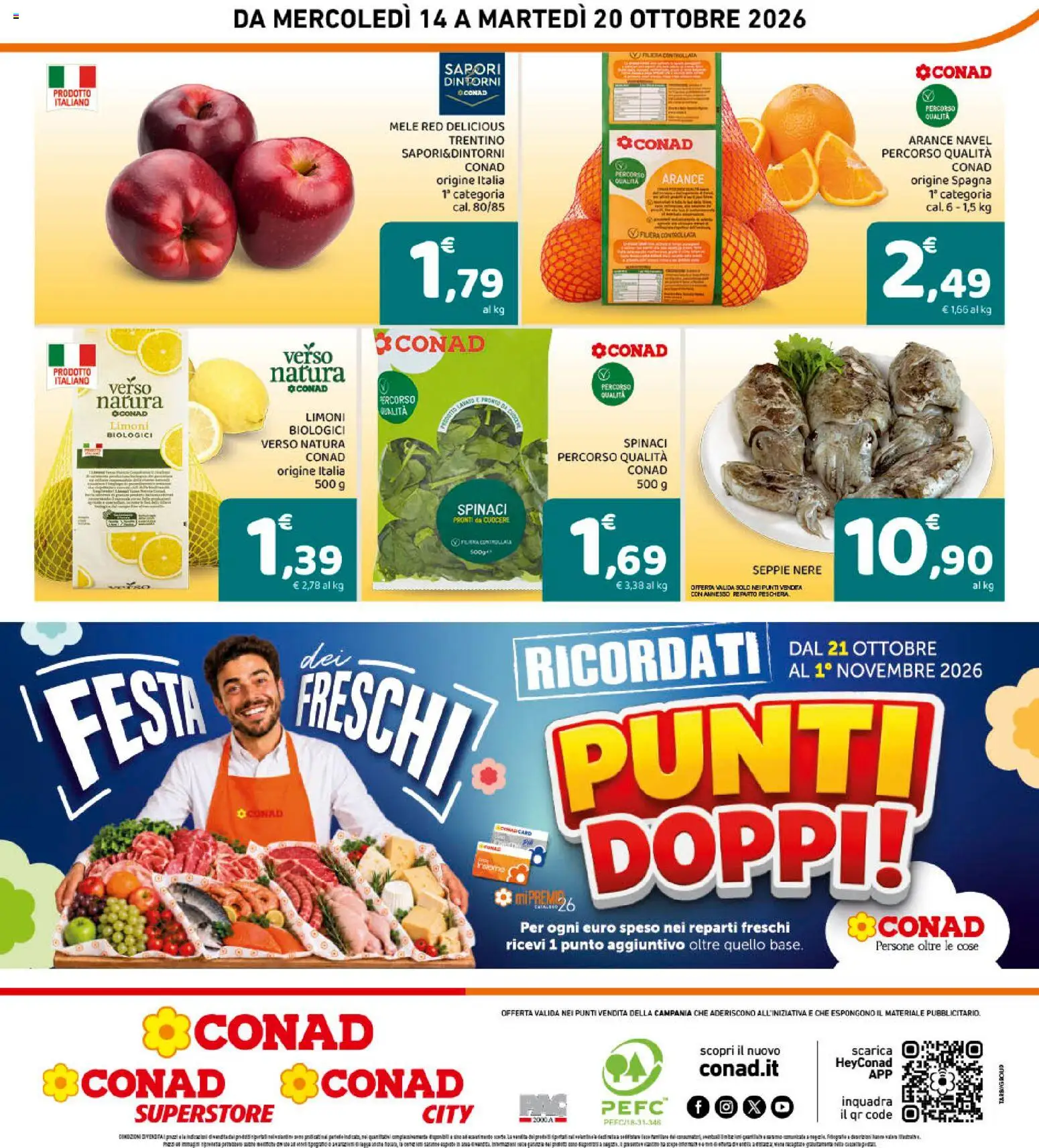 Volantino Conad del 14/10/2026 | Pagina: 8 | Prodotti: Mele, Arance, Spinaci, Limoni biologici