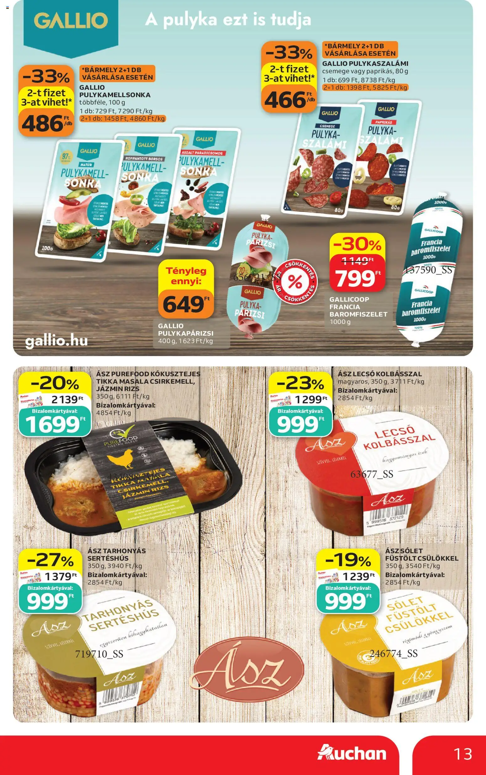 Auchan akciós ujság - amely érvényes a következő dátumtól: 2026.10.01. | Oldal: 13 | Termékek: Pulykamell, Sonka, Sólet, Csemege