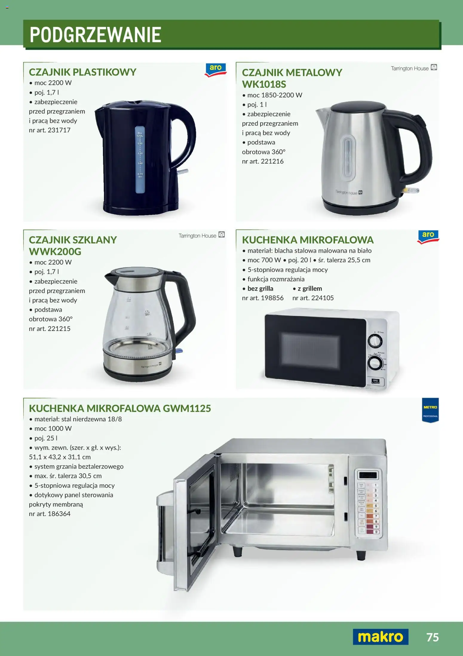 Makro Gazetka - Profesjonalna Gastronomia od 01.02.2026 | Strona: 75 | Produkty: Kuchenka mikrofalowa, Kuchenka, Czajnik, Czajnik szklany