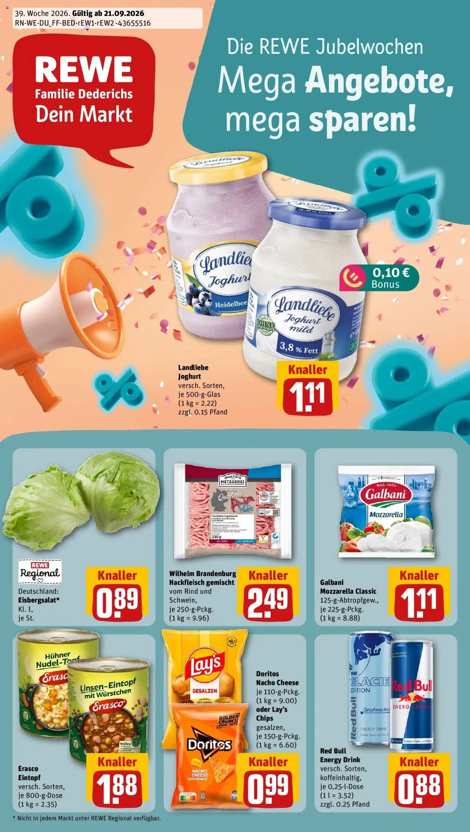 REWE Prospekt ab 21.09.2026 zum Blättern » Angebote | Seite: 1 | Produkte: Energy, Joghurt, Mozzarella, Hackfleisch
