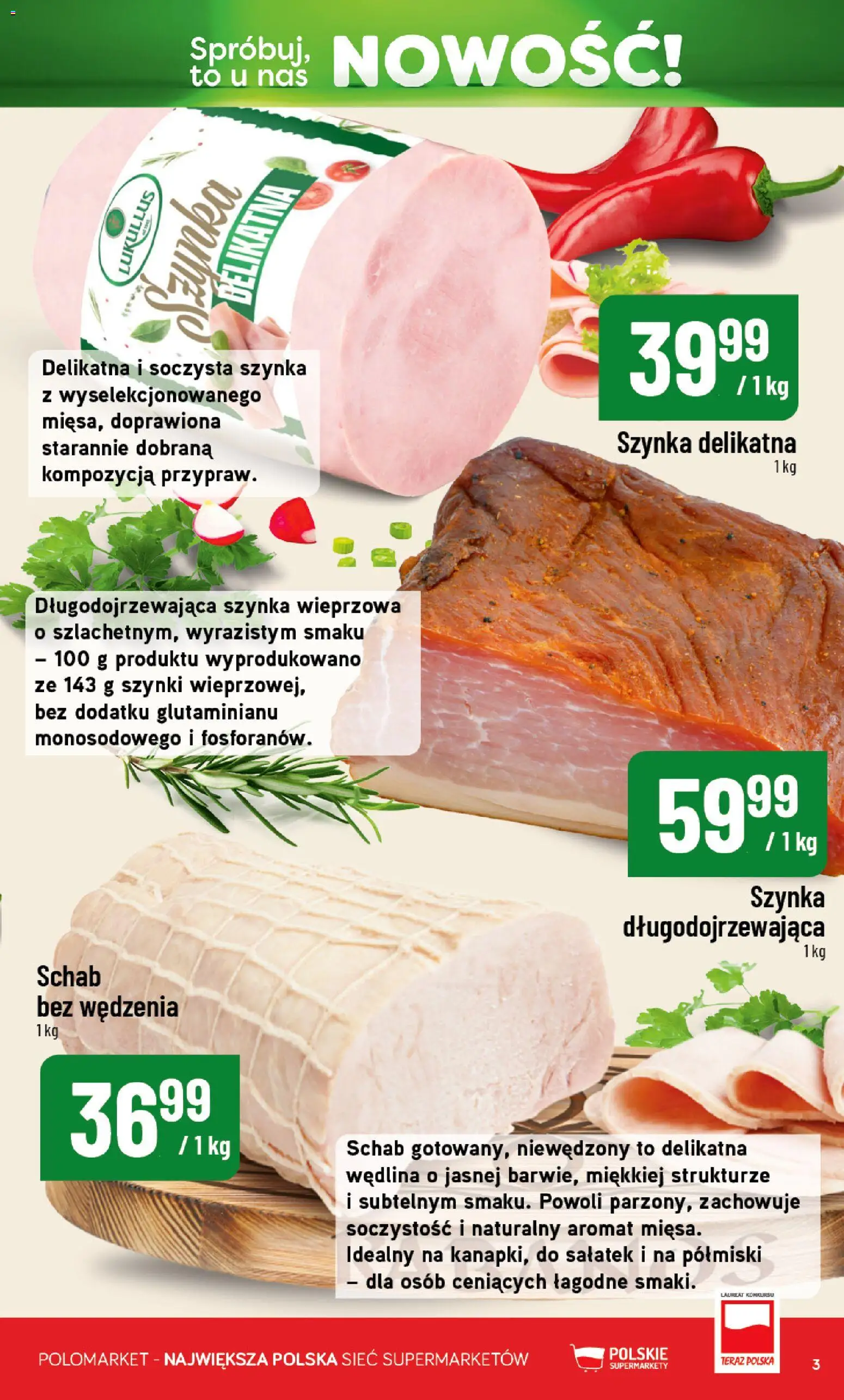 Nowa POLOmarket gazetka od jutra 11.09.2026 | Strona: 3 | Produkty: Schab, Szynka wieprzowa, Szynka, Szynka długodojrzewająca