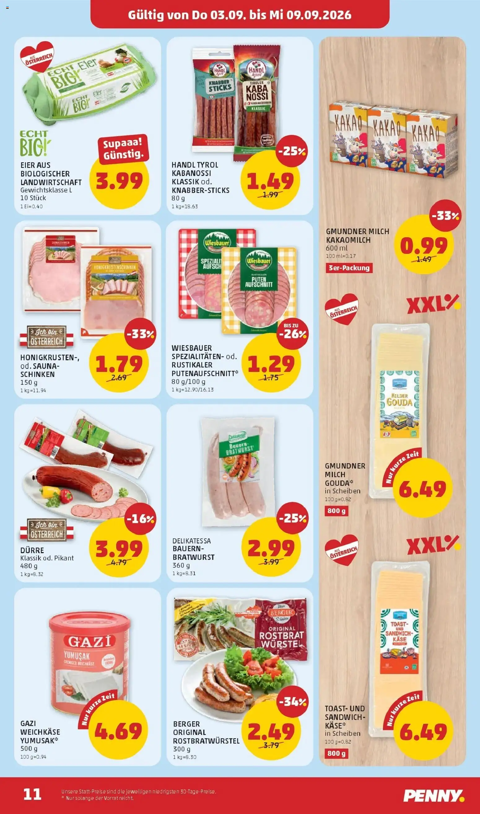Penny Markt Die ganze Woche sparen ab (03.09.2026) - Angebote, Prospekt | Seite: 11 | Produkte: Weichkäse, Milch, Eier, Schinken
