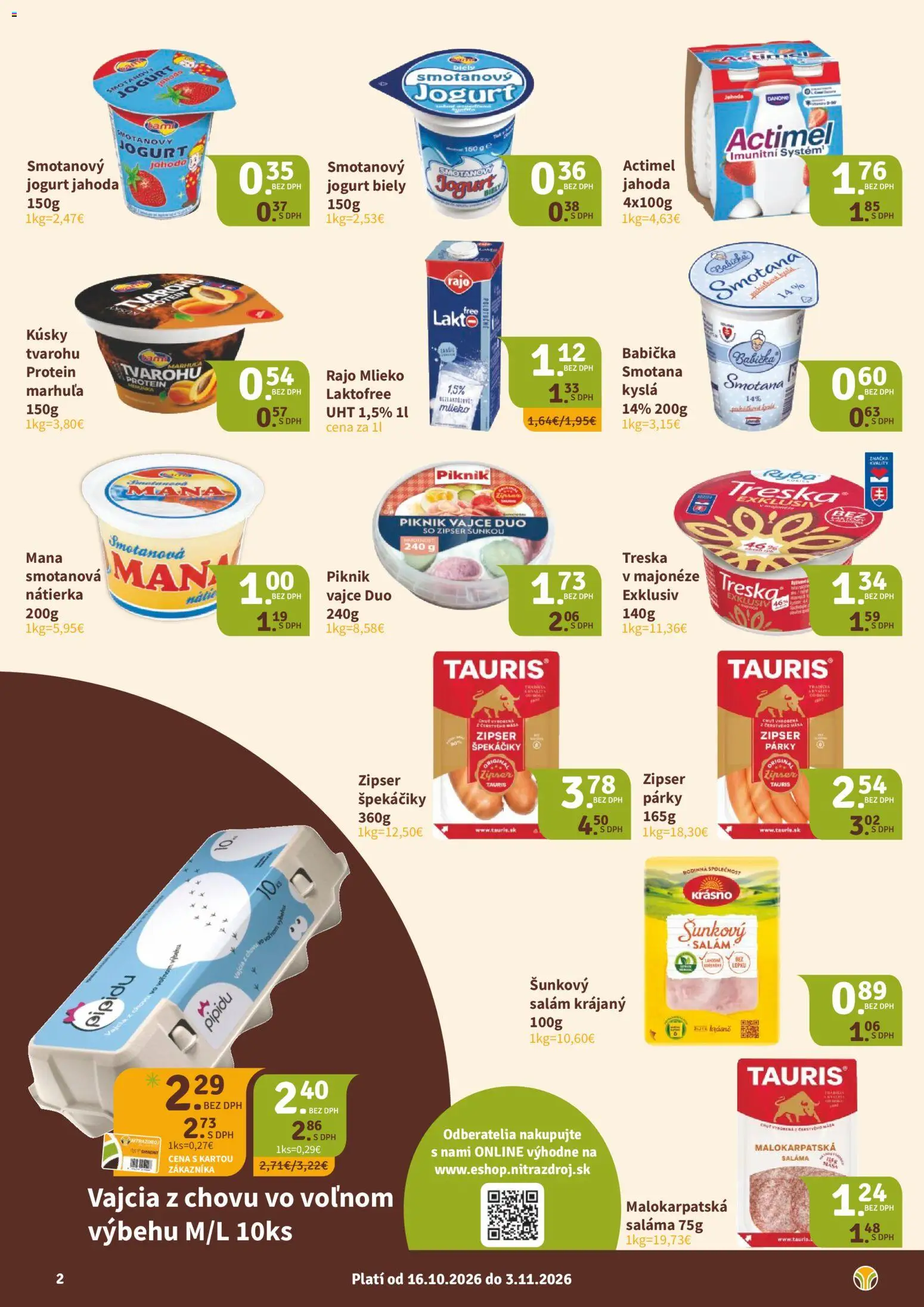 Nové Nitrazdroj akcie – leták je platný od 16.10.2026 | Strana: 2 | Produkty: Jogurt, Smotana, Protein, Actimel