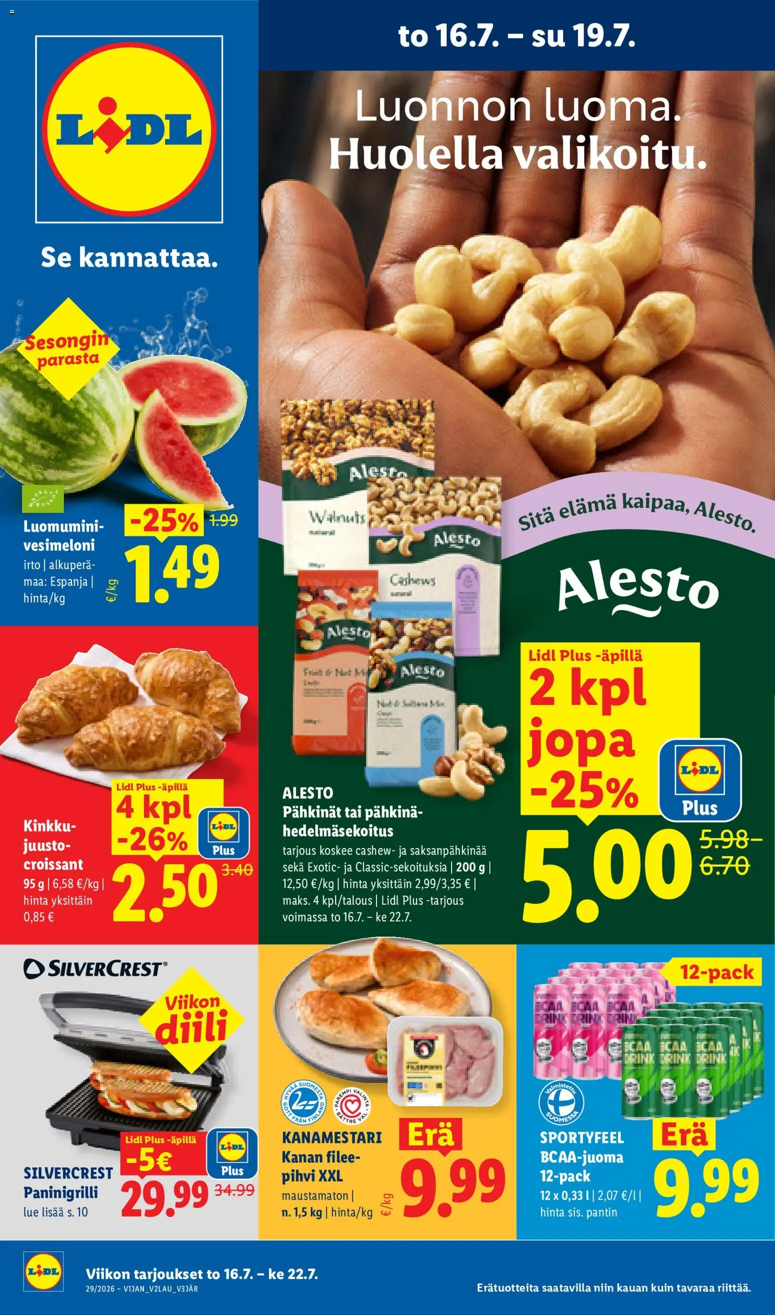 Lidl tarjoukset – voimassa 16/07/2026 alkaen | Sivu: 1 | Tuotteet: Juusto, Kinkku, Pihvi, Pähkinät