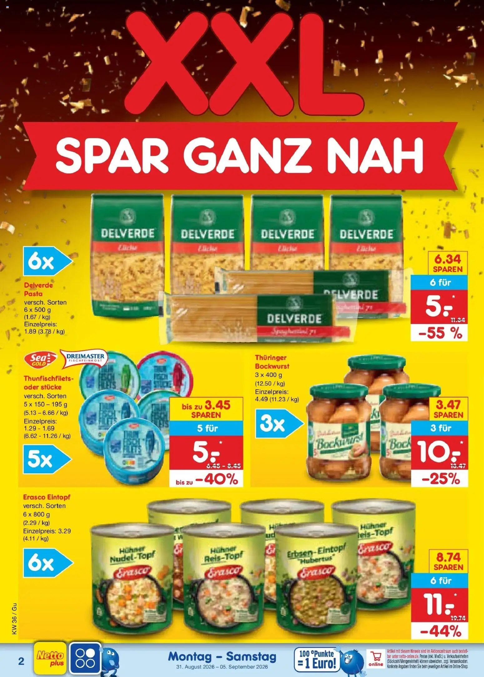 Netto Marken-Discount Prospekt Machern – gültig ab 31.08.2026 | Seite: 4 | Produkte: Bockwurst, Pasta, Erasco