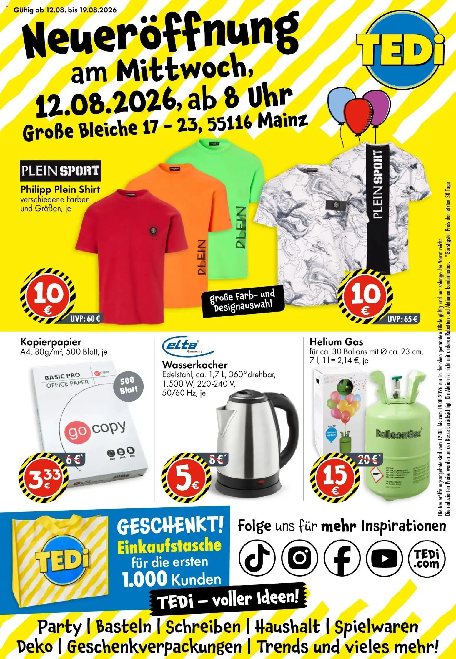 TEDi Prospekt Mainz (ab 12.08.2026) zum Blättern | Seite: 1 | Produkte: Shirt, Wasserkocher, Uhr