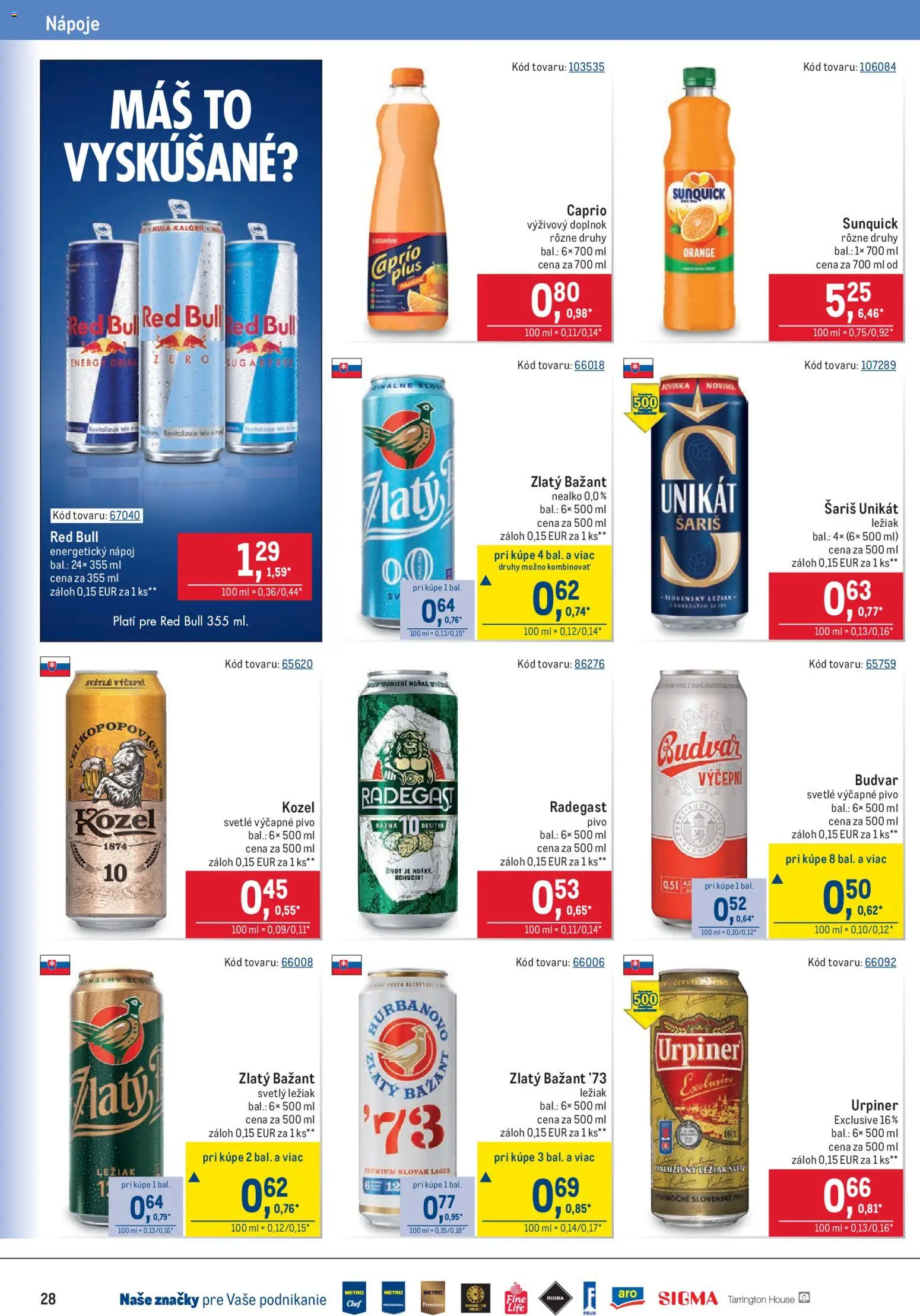 Nové Metro akcie – leták je platný od 15.07.2026 | Strana: 28 | Produkty: Red Bull, Budvar, Sunquick, Urpiner