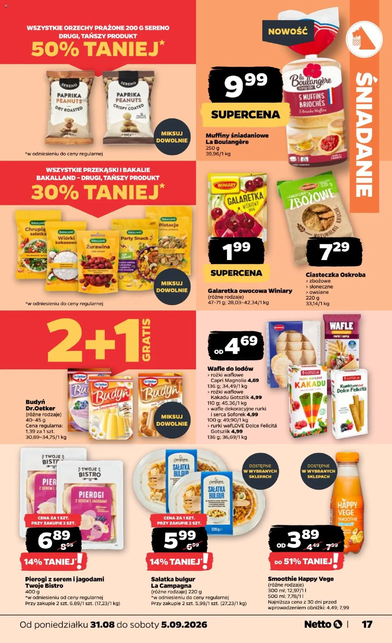 Netto gazetka od poniedziałku od 31.08.2026 | Strona: 17 | Produkty: Pierogi z serem, Wafle do lodów, Ciasteczka, Sałatka